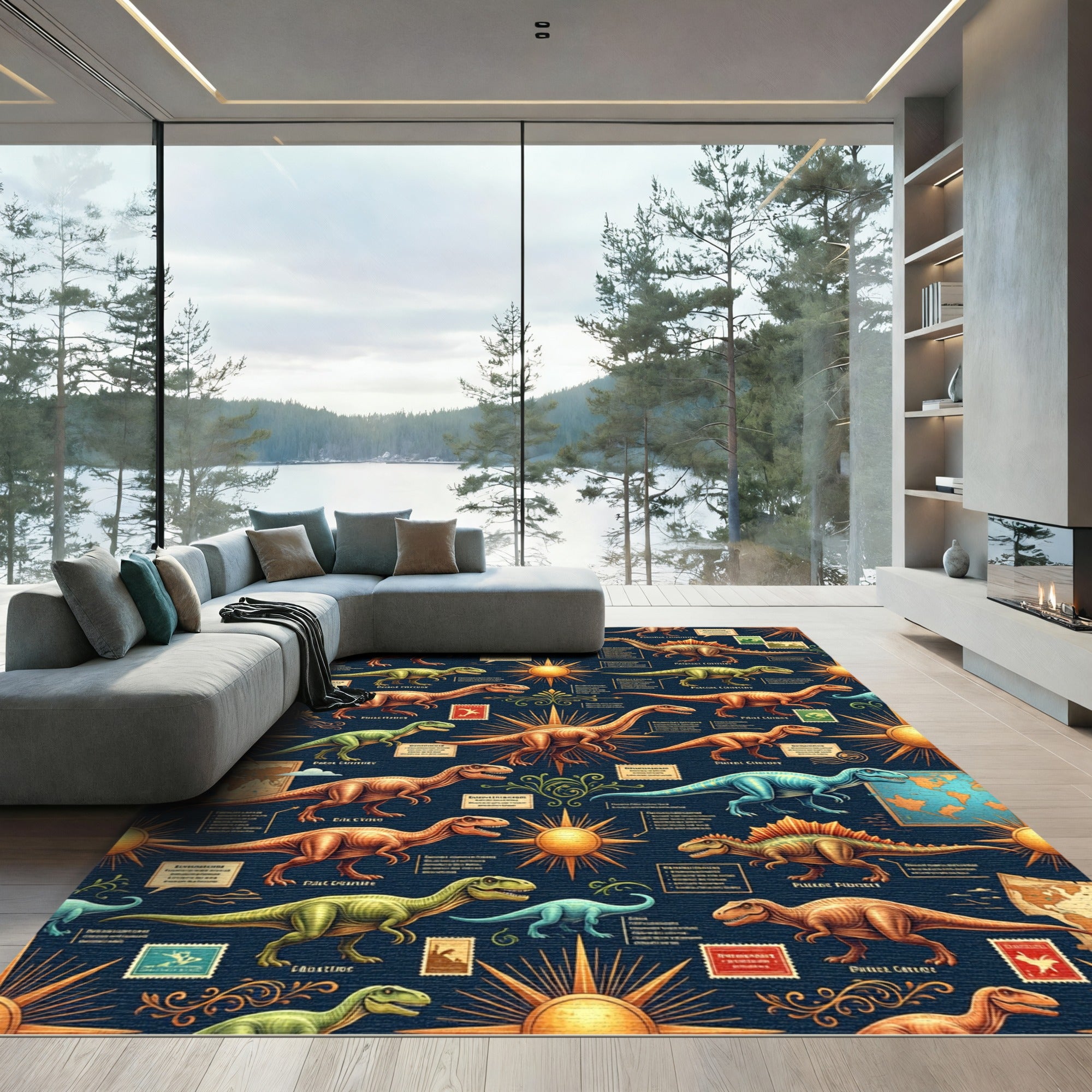 Vintage Navy Dinosaur Map Chronicle Rug