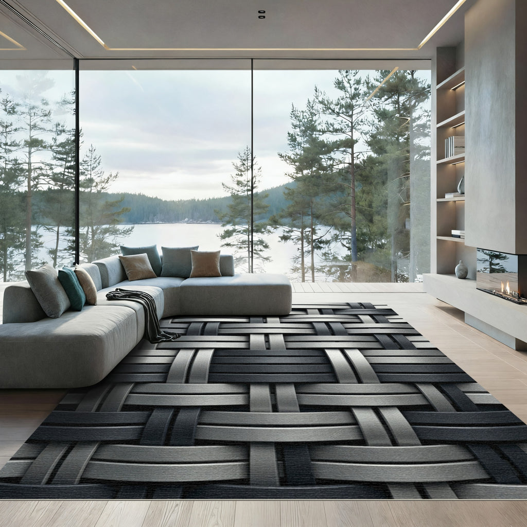 Modern Metallic Charcoal Interwoven Weave Rug