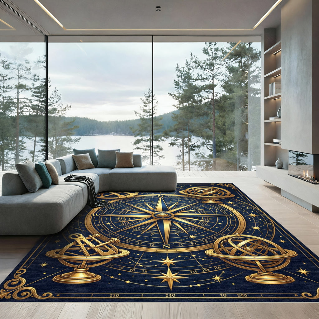 Golden Celestial Compass Navigational Map Rug