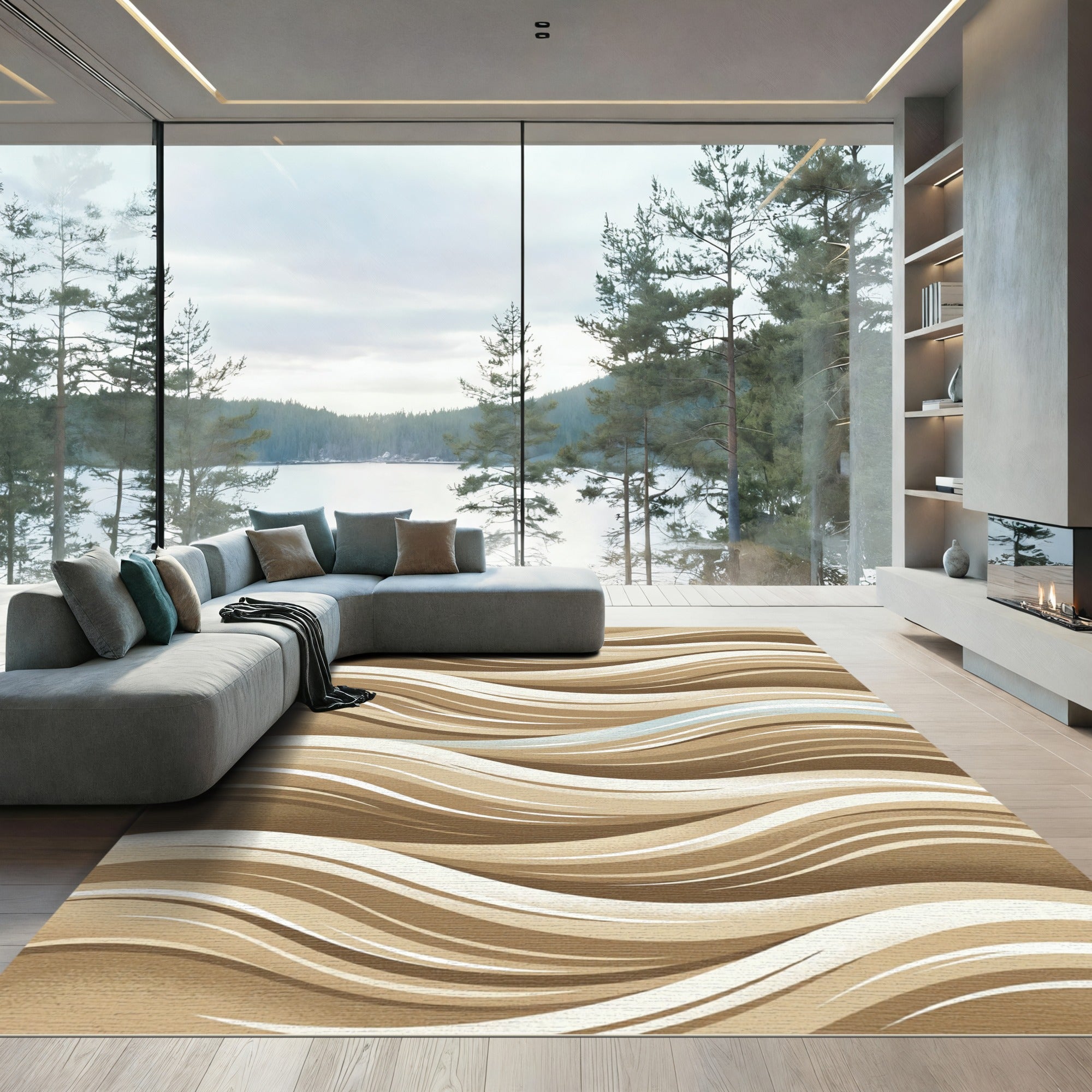 Earthy Beige Abstract Rippled Wave Rug