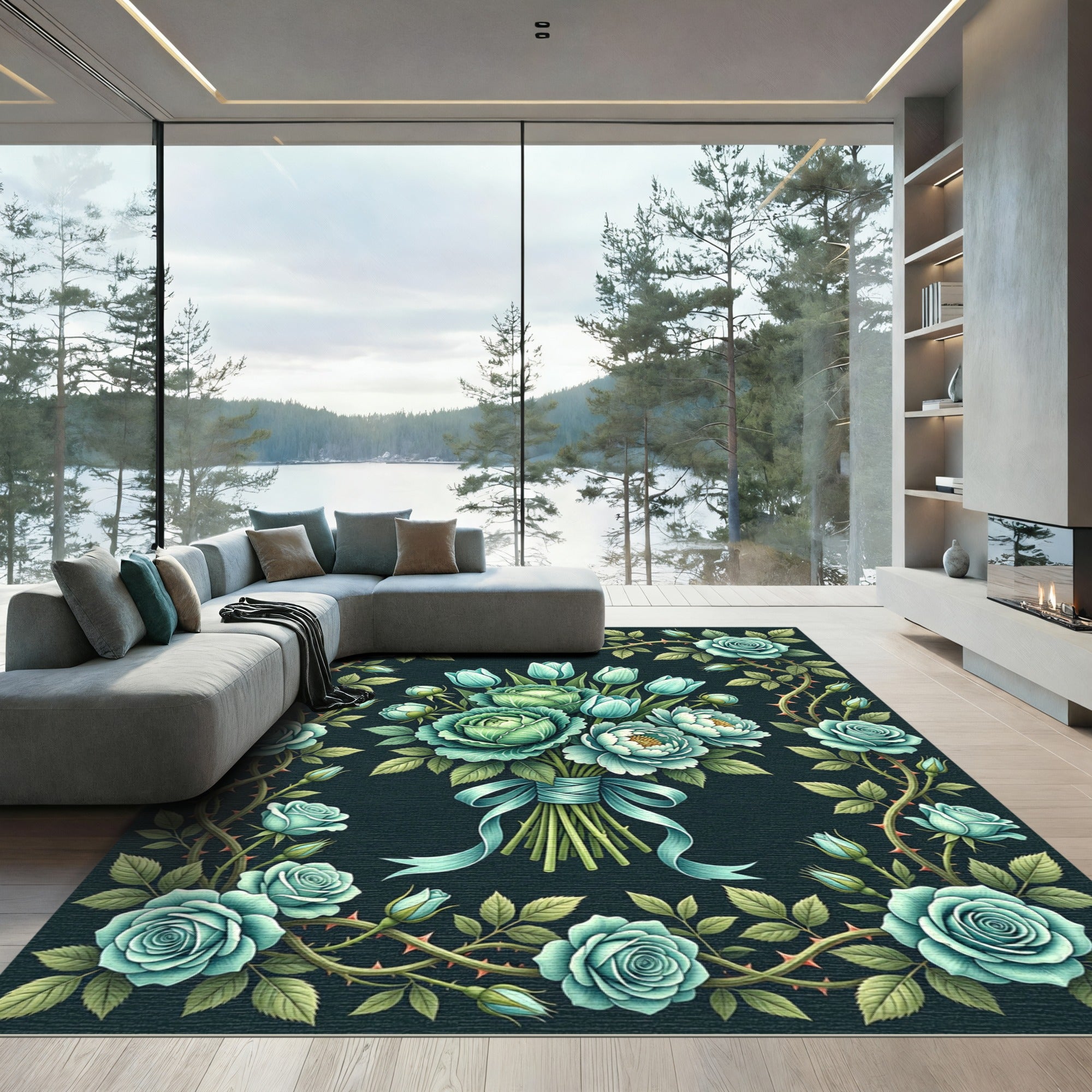Elegant Teal Rose Bouquet Botanical Rug