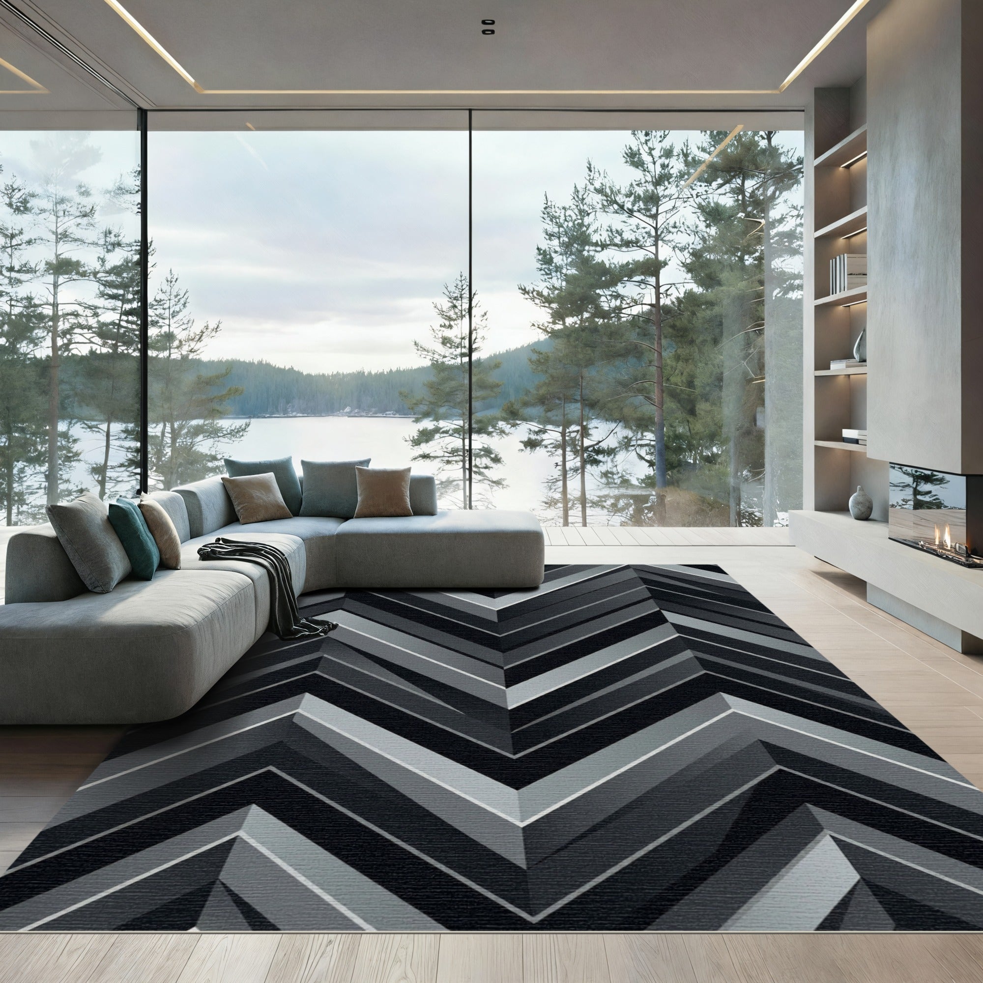 Monochrome Chevron Stripe Composition Rug