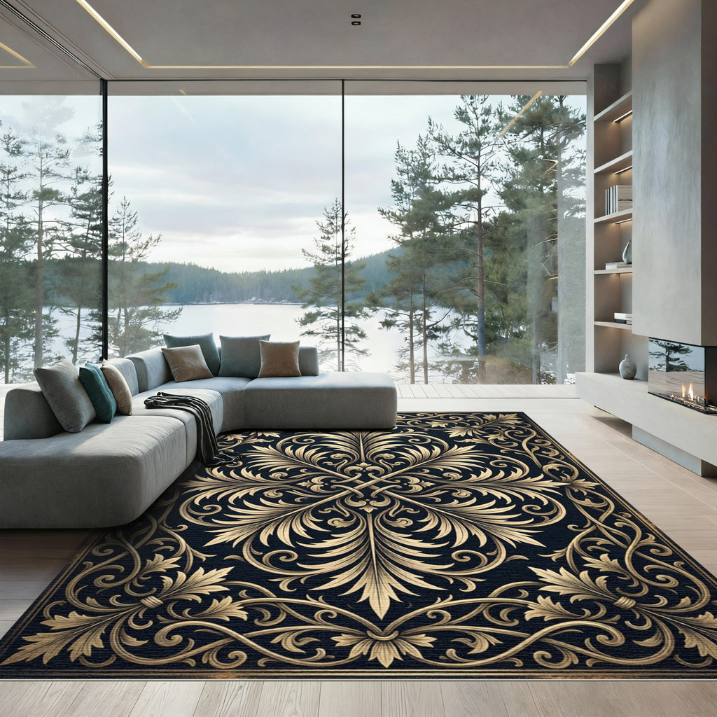 Elegant Gold Damask Scroll Black Tapestry Rug