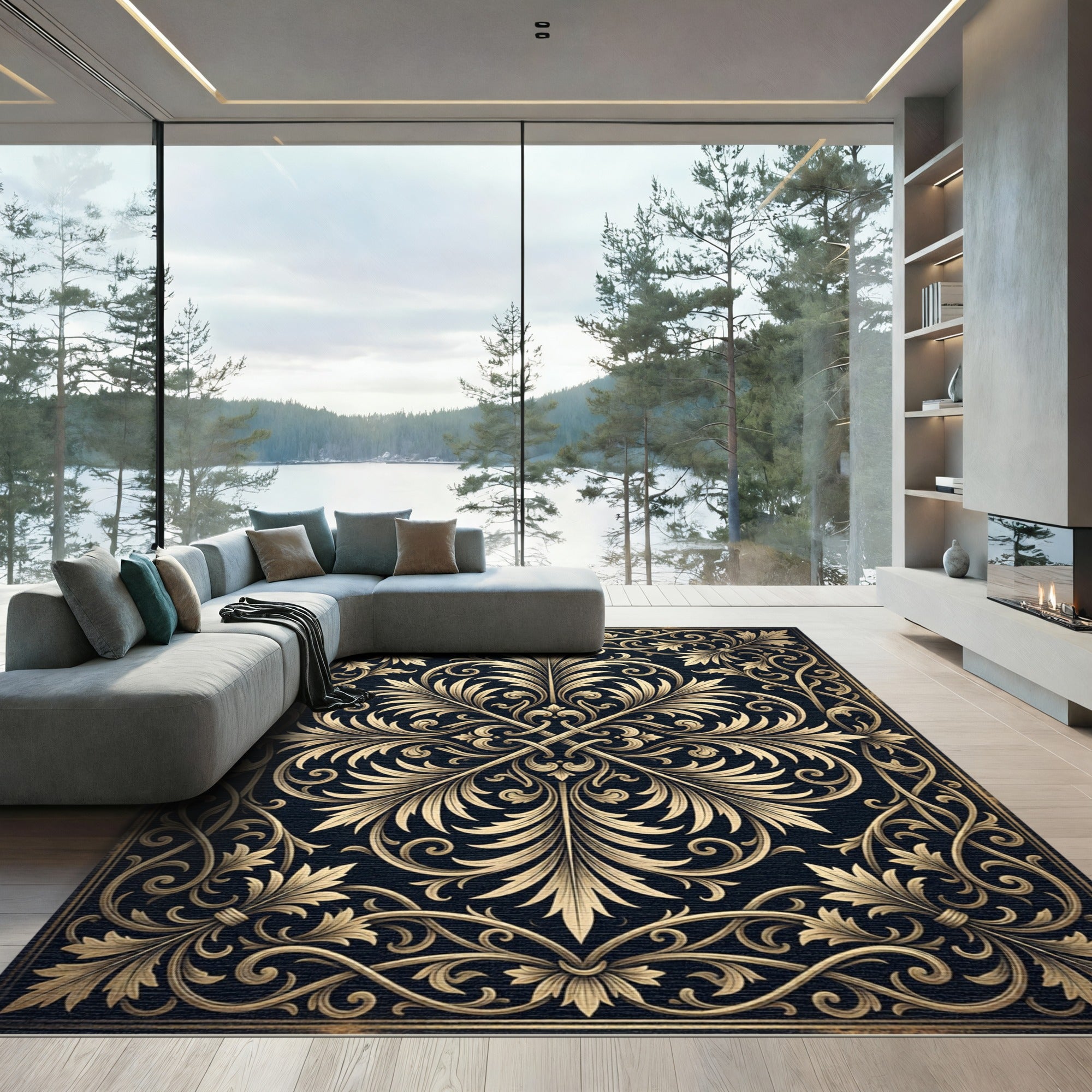 Elegant Gold Damask Scroll Black Tapestry Rug