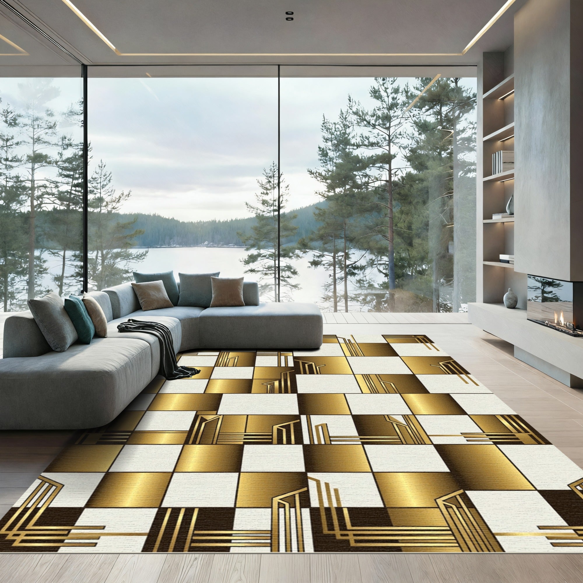 Golden Art Deco Geometric Checkerboard Rug