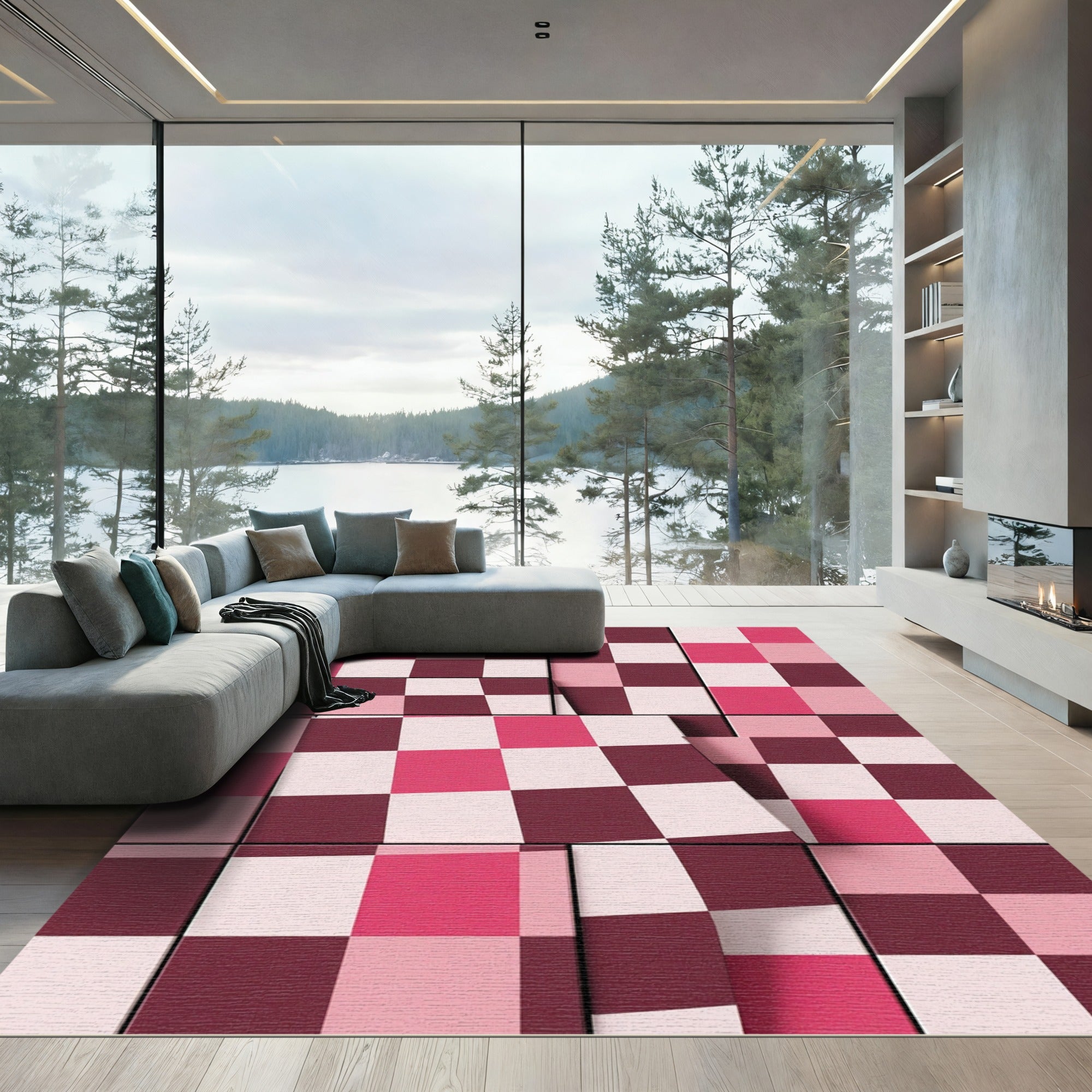 Crimson Pink Checkerboard Geometric Rug