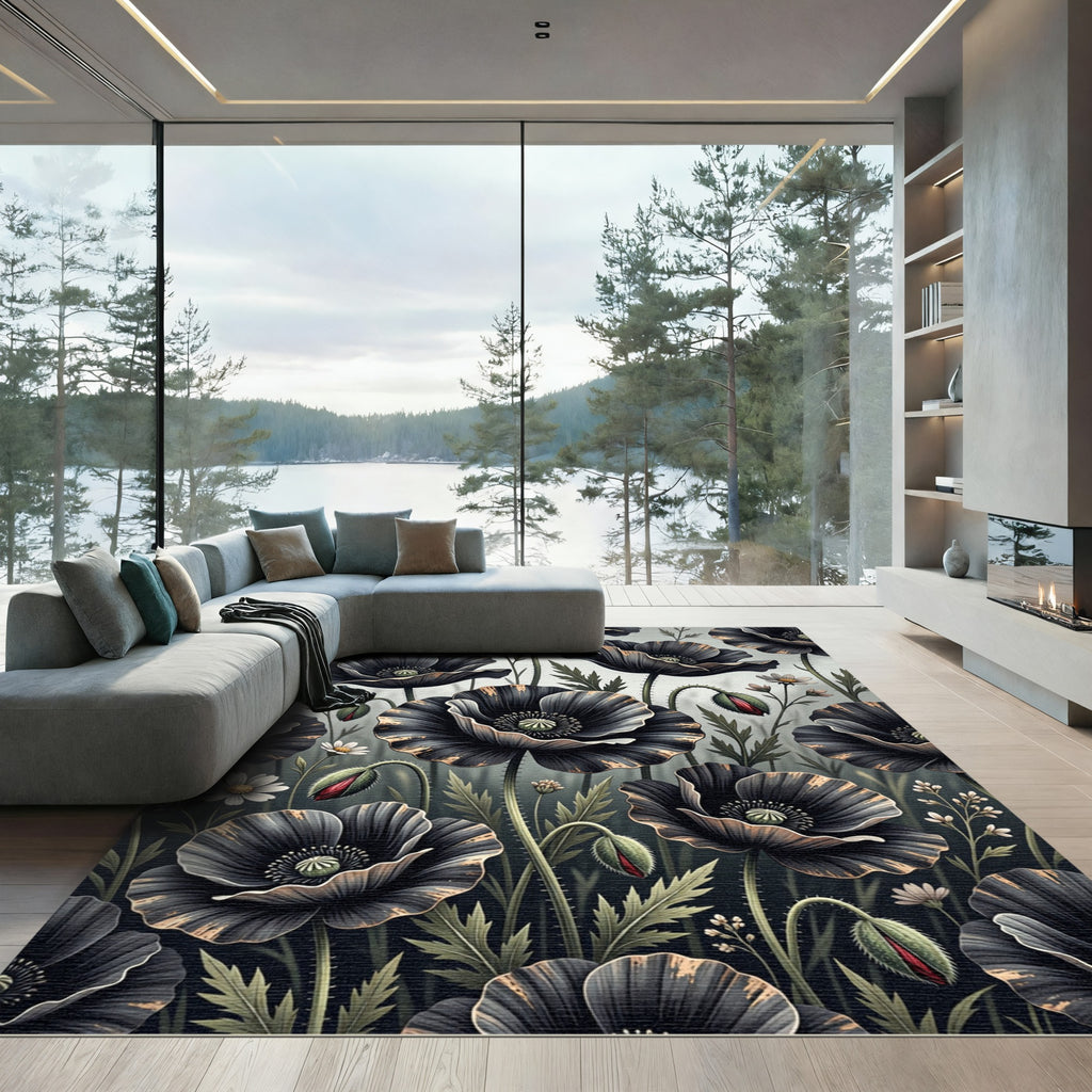 Dramatic Black Poppy Floral Arrangement Rug