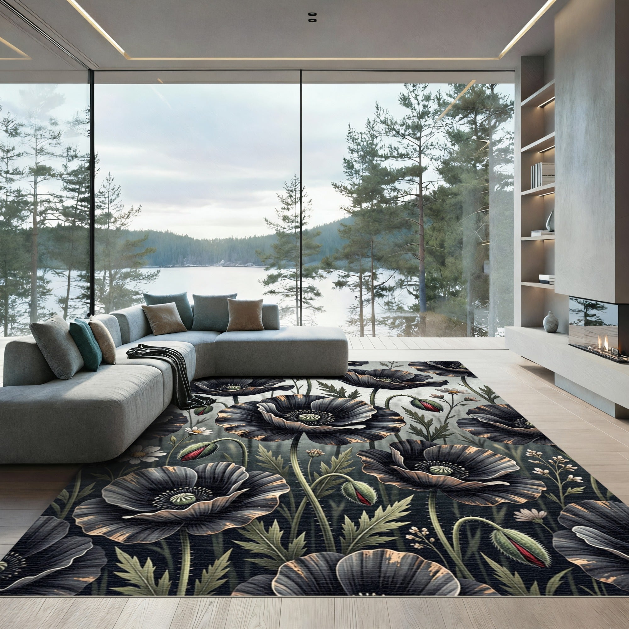 Dramatic Black Poppy Floral Arrangement Rug