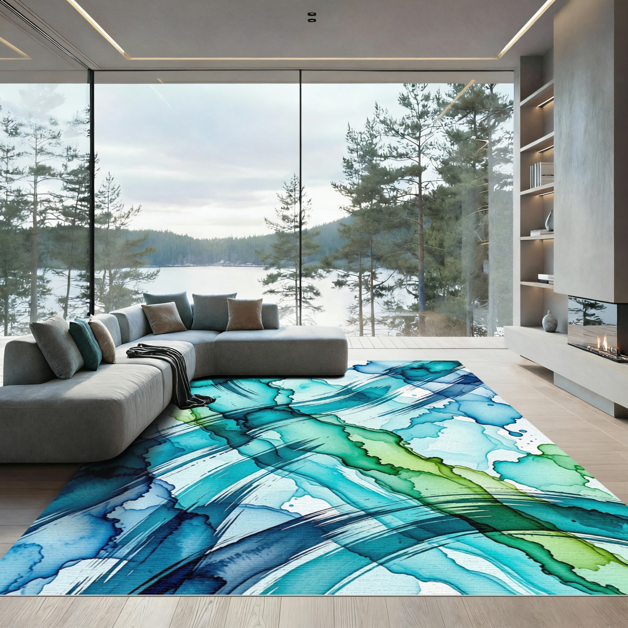 Ethereal Teal and Lime Fluid Wave Rug