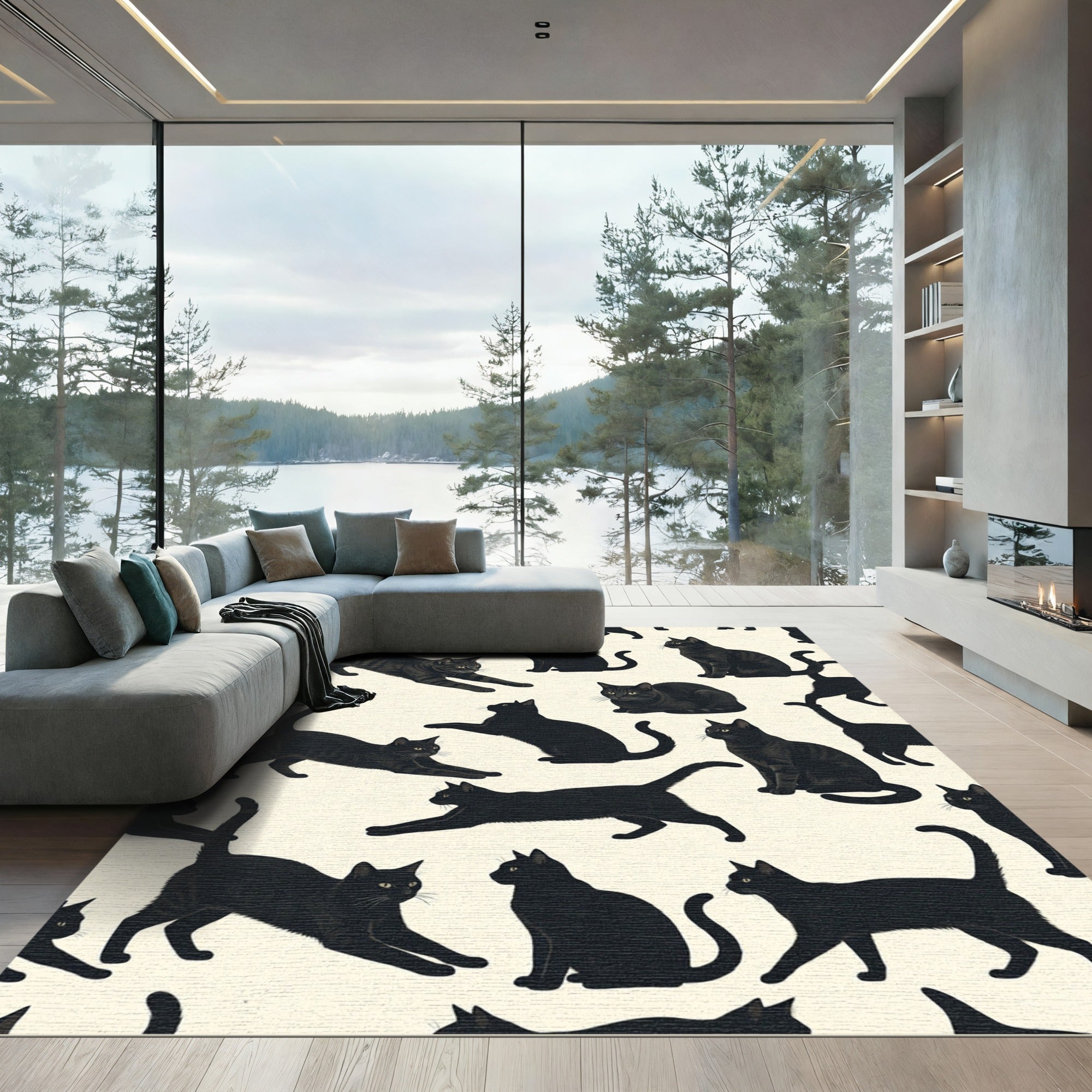 Whimsical Dark Feline Silhouette Illustration Rug