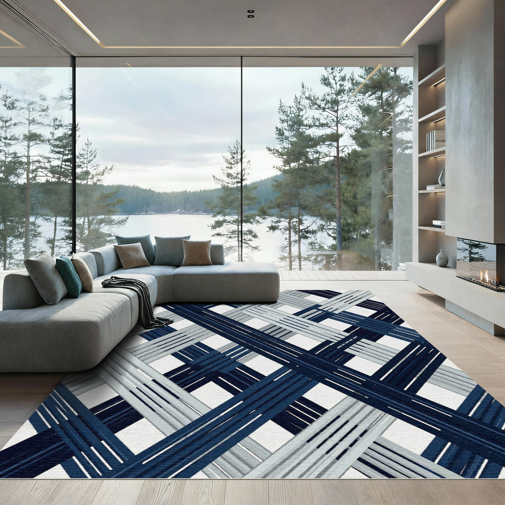 Navy Gray Intersecting Stripe Rug