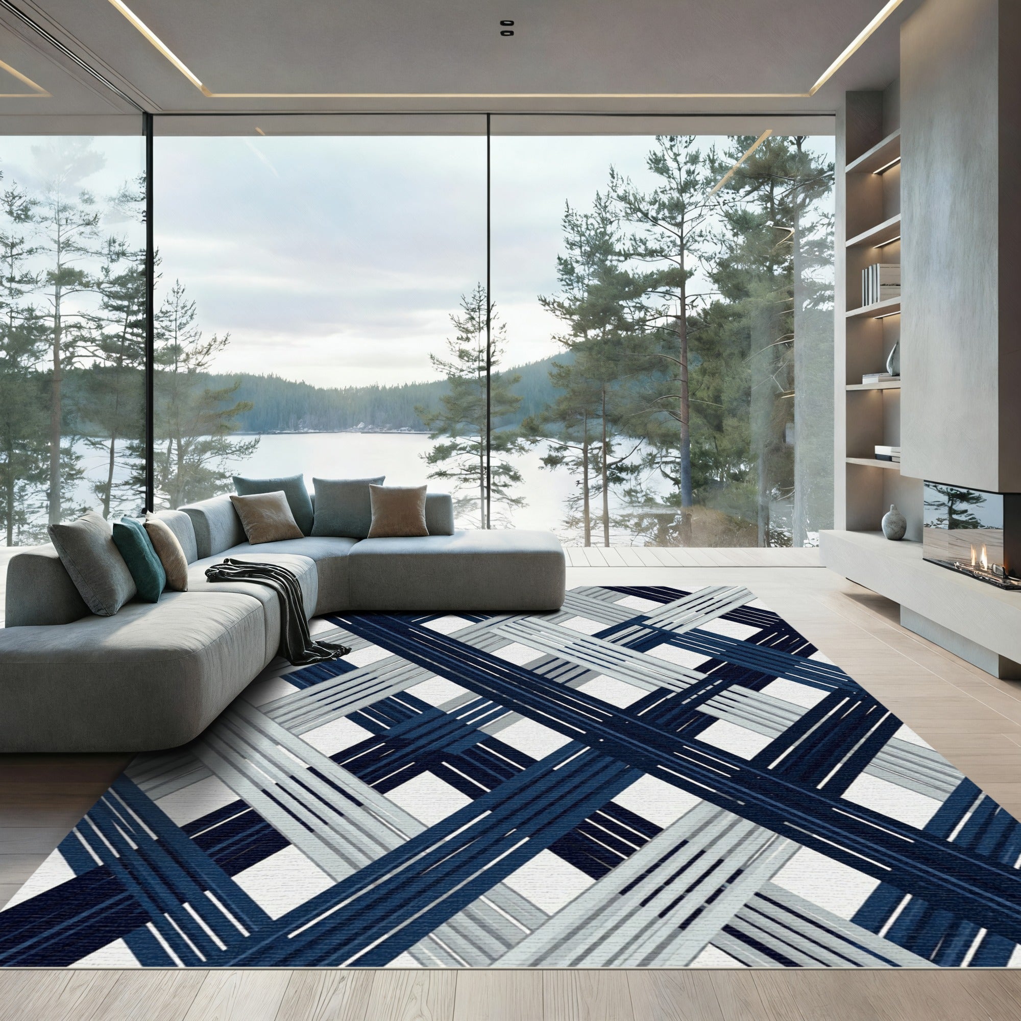 Navy Gray Intersecting Stripe Rug