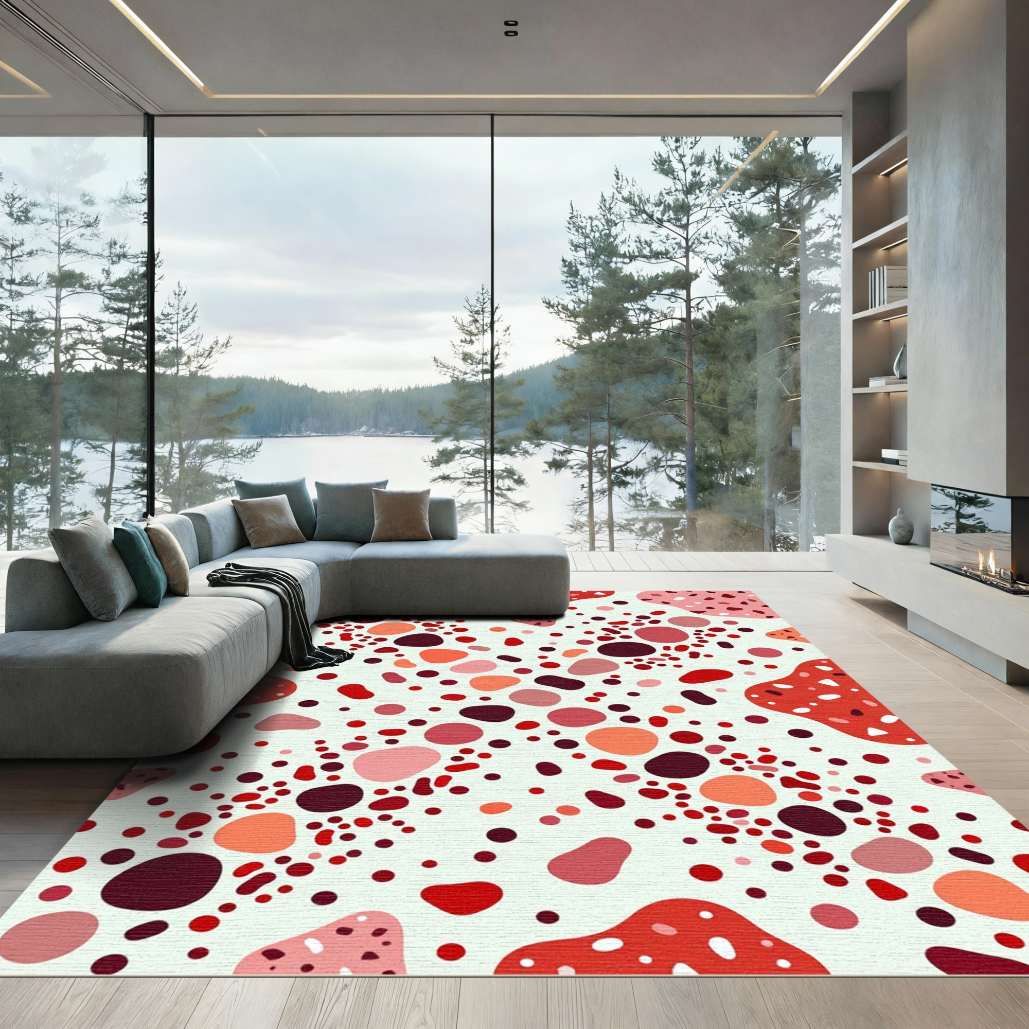 Vibrant Red Abstract Terrazzo Pebble Art Rug