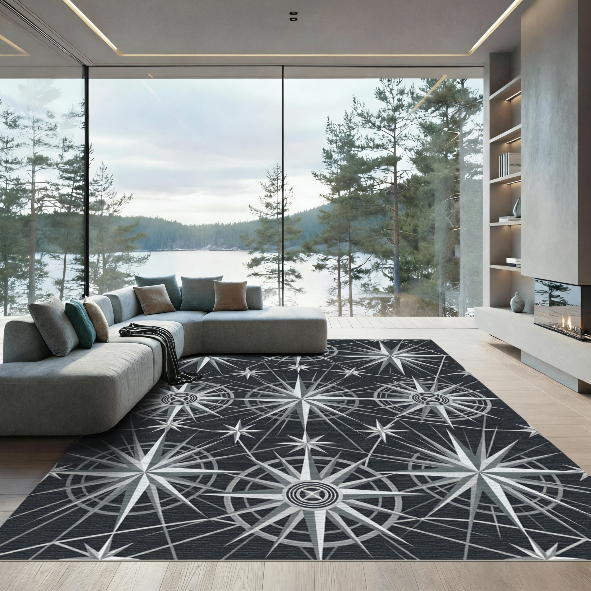 Silver Starburst Compass Rose Rug