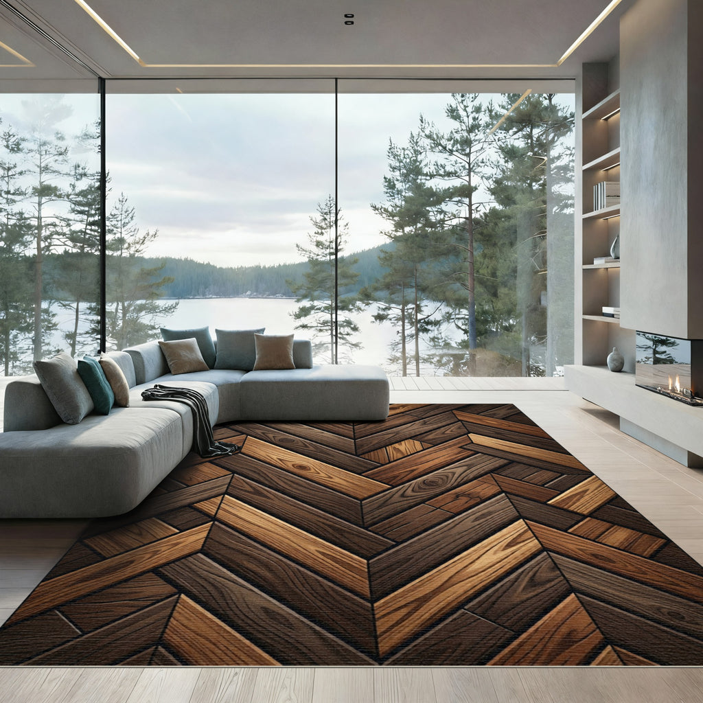 Rustic Herringbone Wood Grain Rug