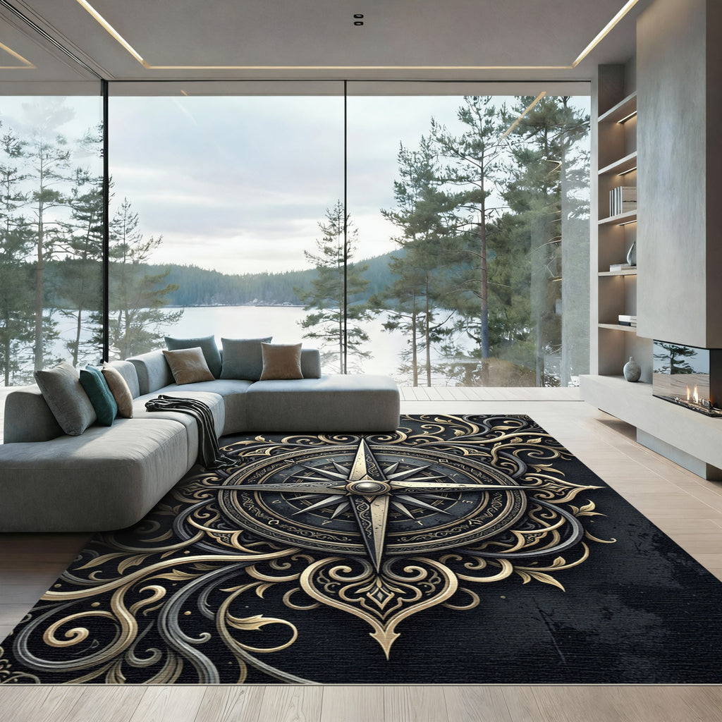 Regal Gold Filigree Compass Medallion Rug