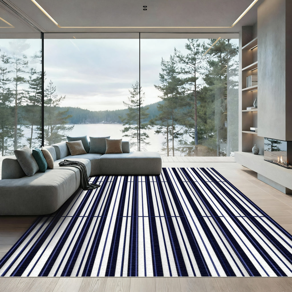 Classic Navy White Vertical Stripe Rug