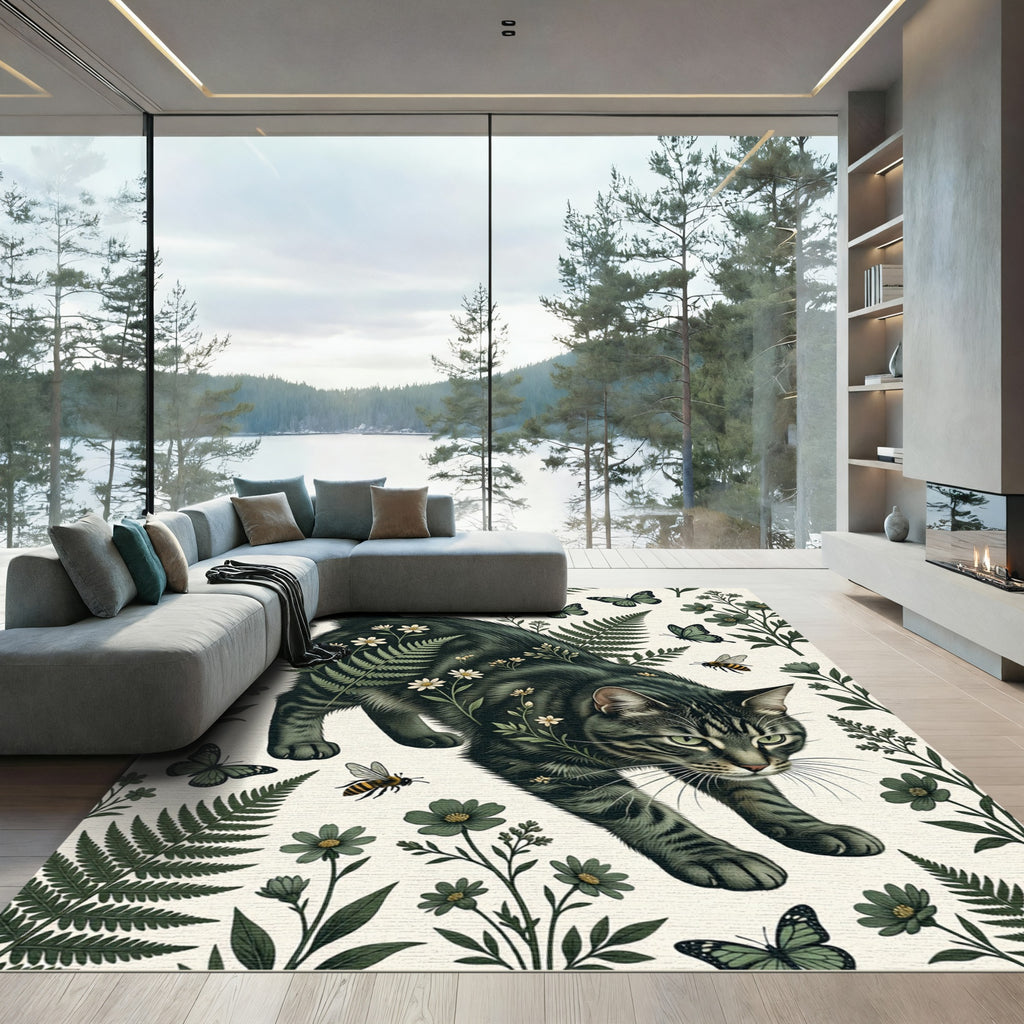Whimsical Dark Forest Cat Fern Meadow Rug