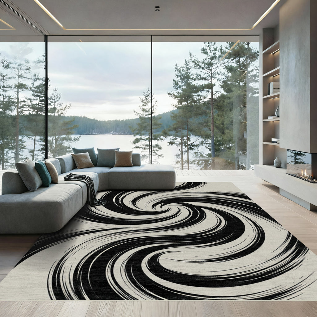 Minimalist Monochrome Abstract Swirling Vortex Rug