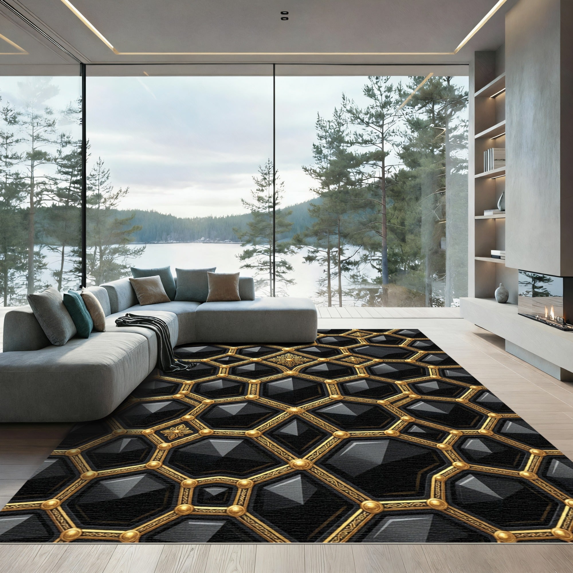 Gilded Black Hexagonal Geometric Jewel Rug