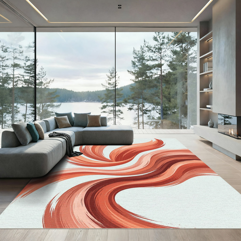 Abstract Crimson Flowing Wave Swirl Rug