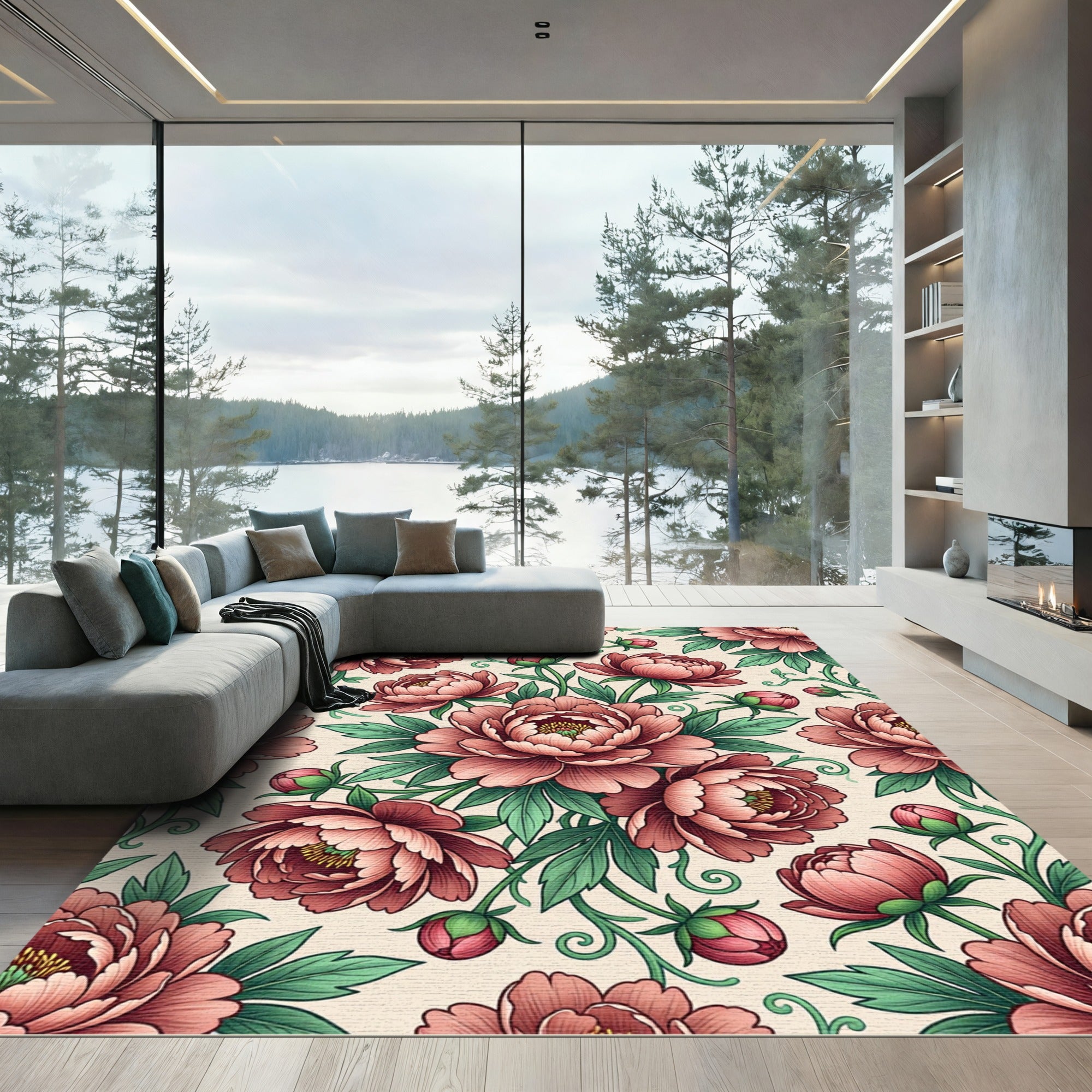 Vintage Blush Peony Botanical Illustration Rug