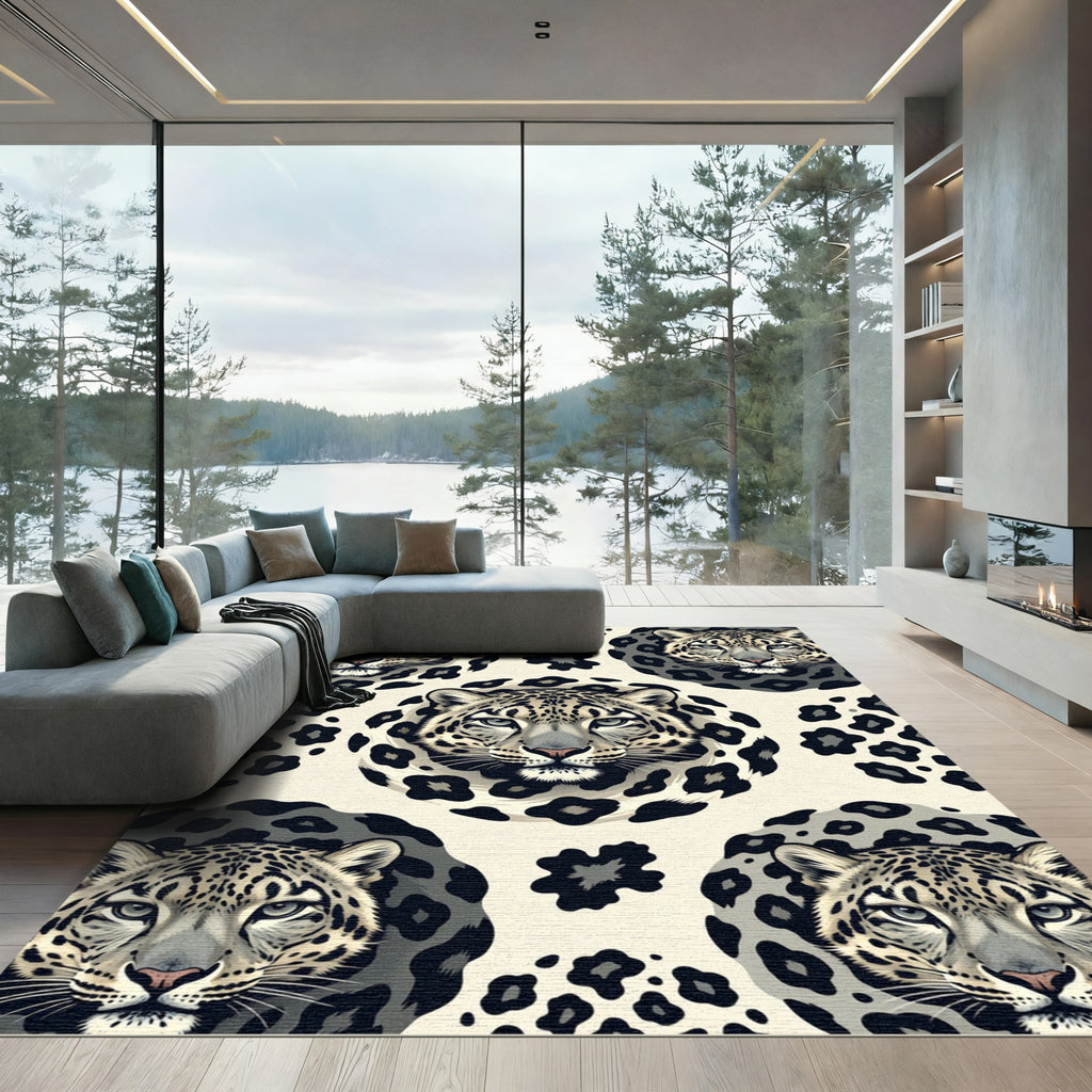 Monochromatic Snow Leopard Heads Animal Art Rug