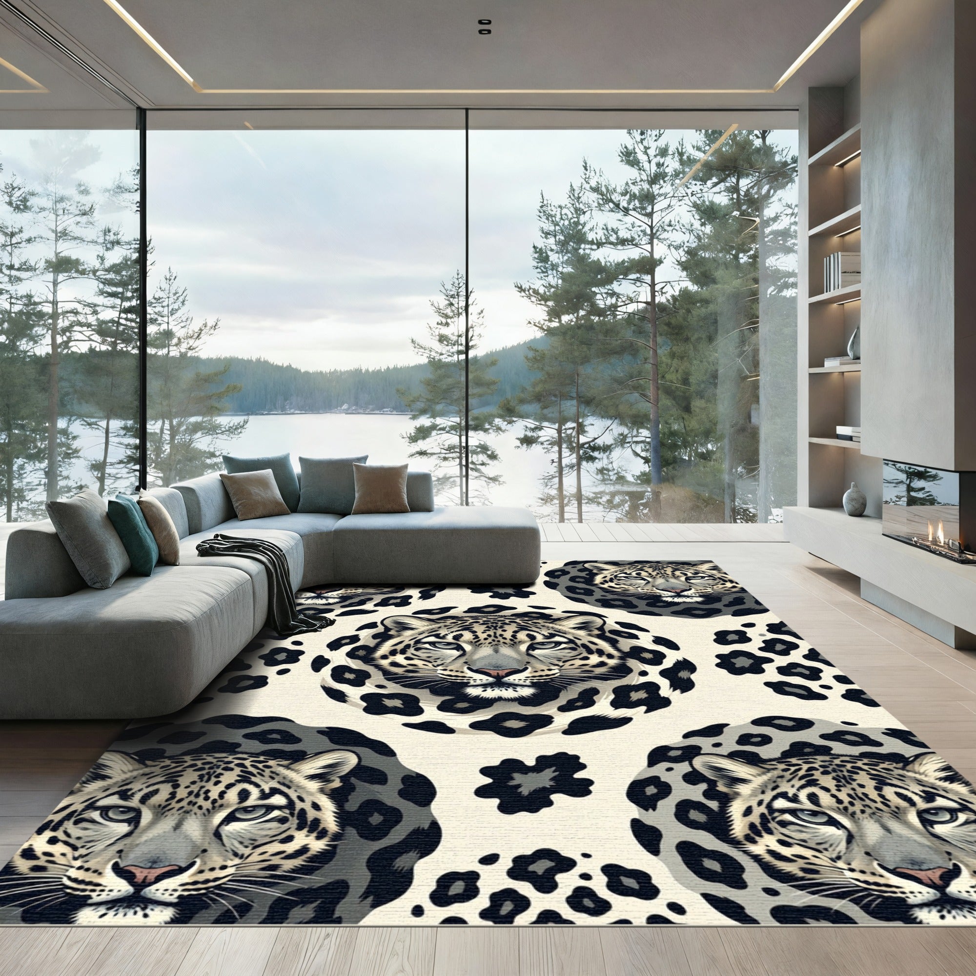 Monochromatic Snow Leopard Heads Animal Art Rug
