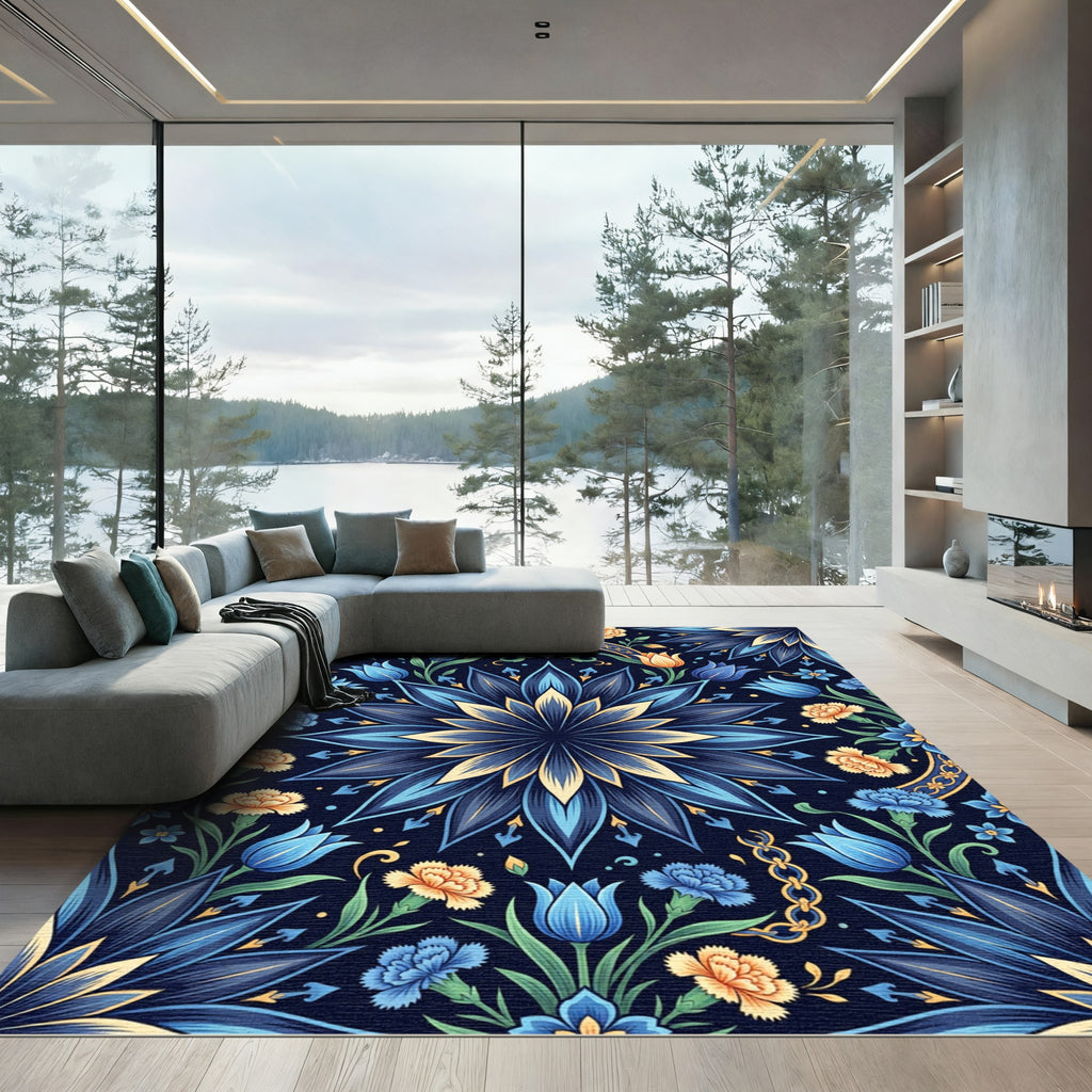 Deep Blue Floral Medallion Garden Rug