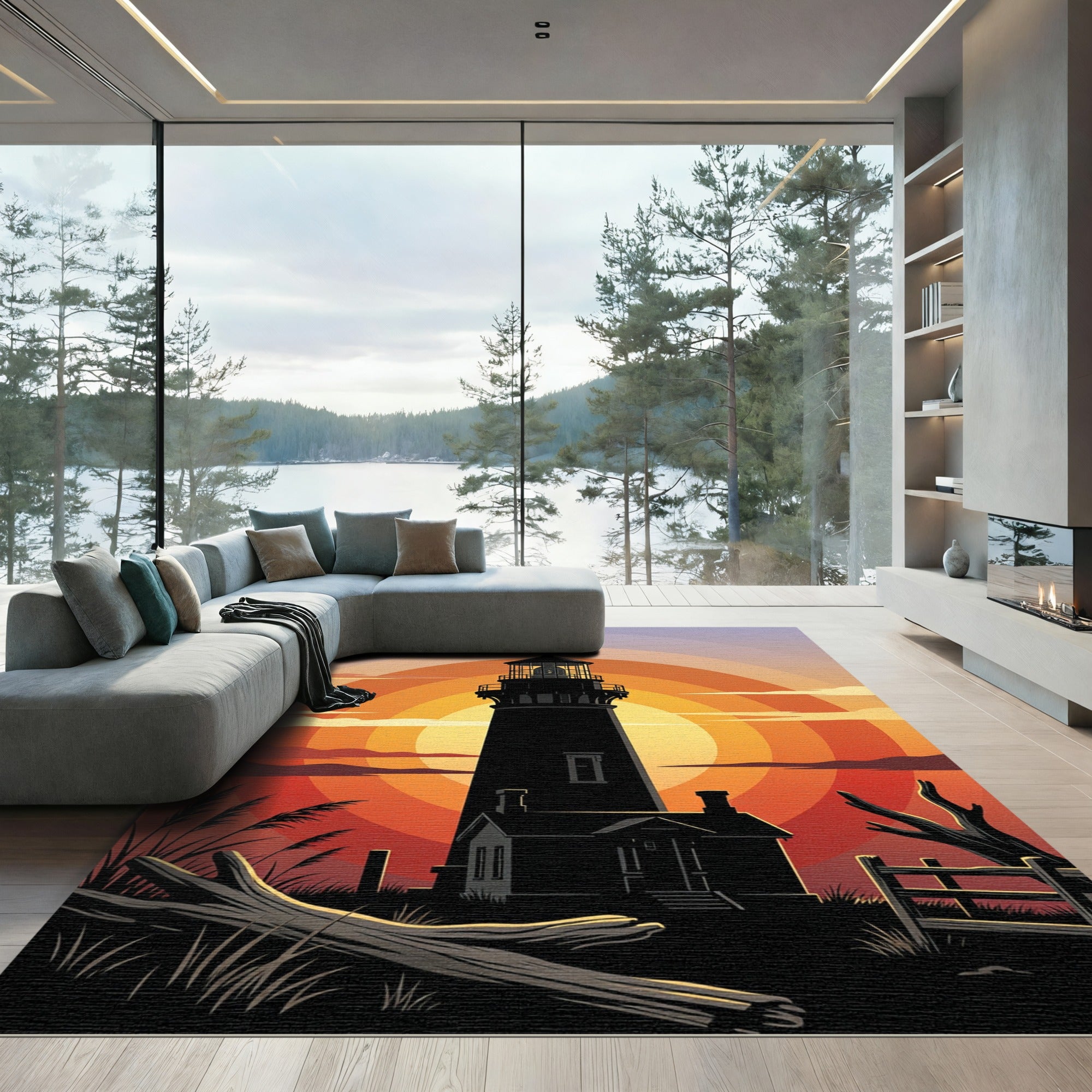 Sunset Lighthouse Silhouette Gradient Horizon Rug