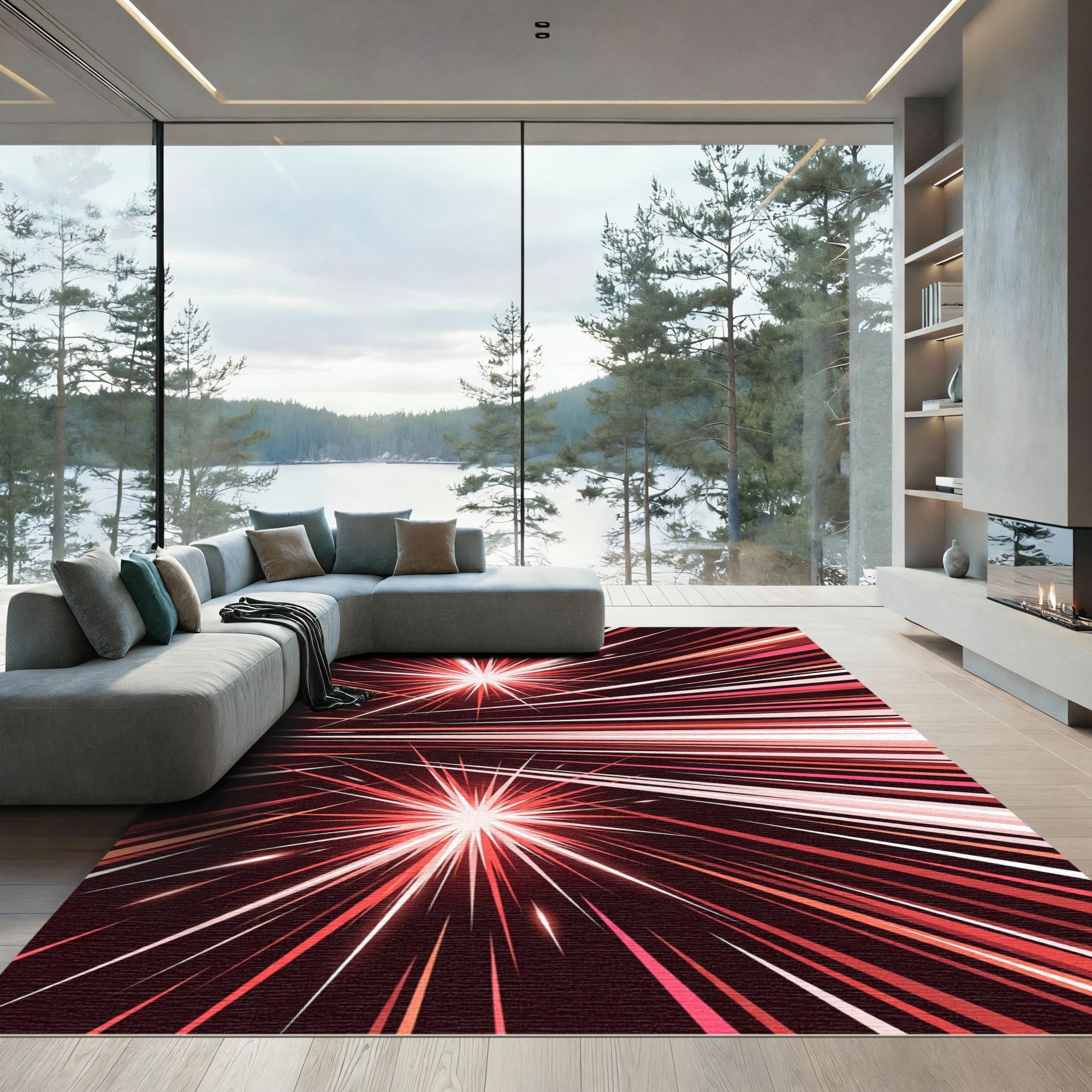 Radiant Energy Burst Red Abstract Rug