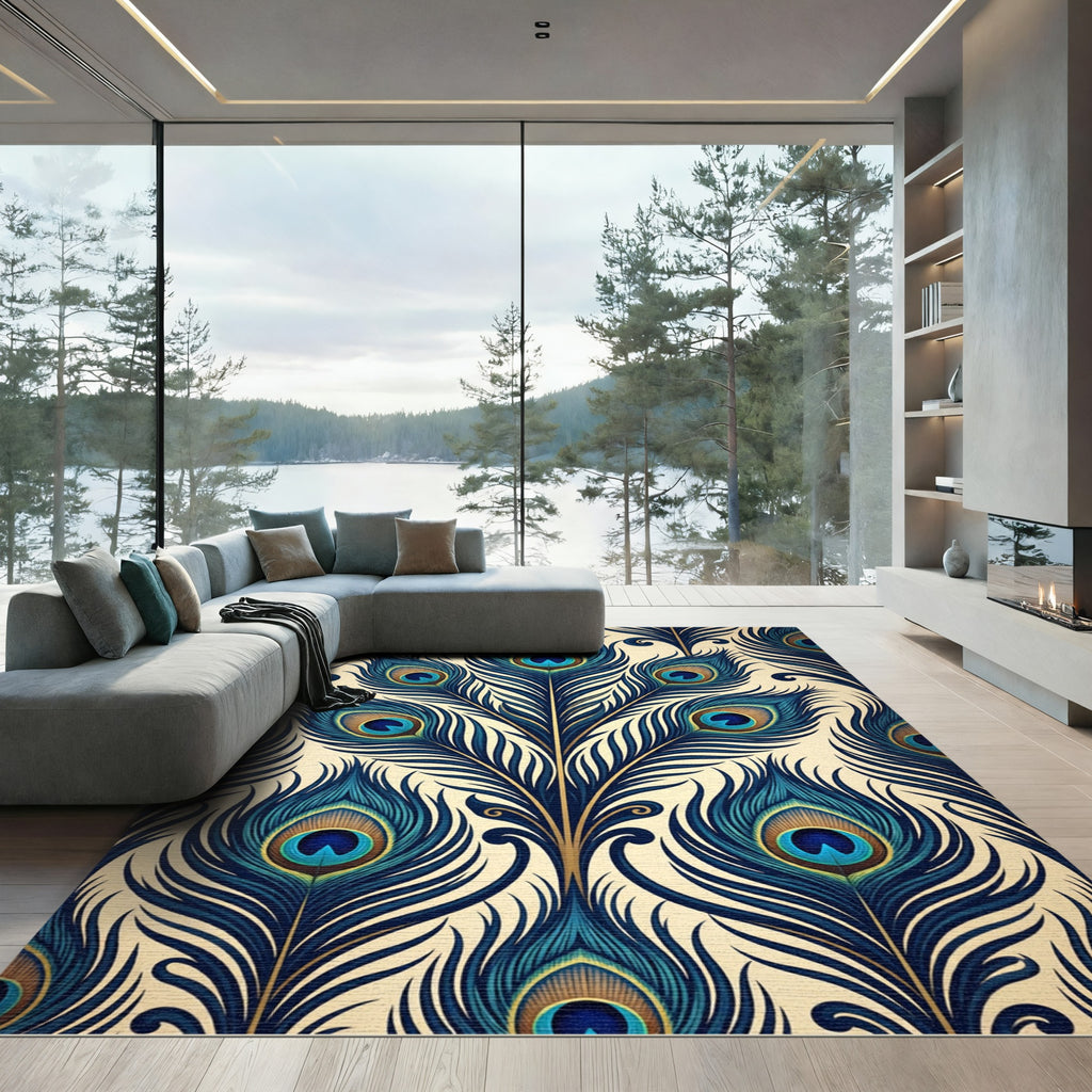 Elegant Teal Peacock Feather Art Deco Rug