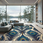 Elegant Teal Peacock Feather Art Deco Rug