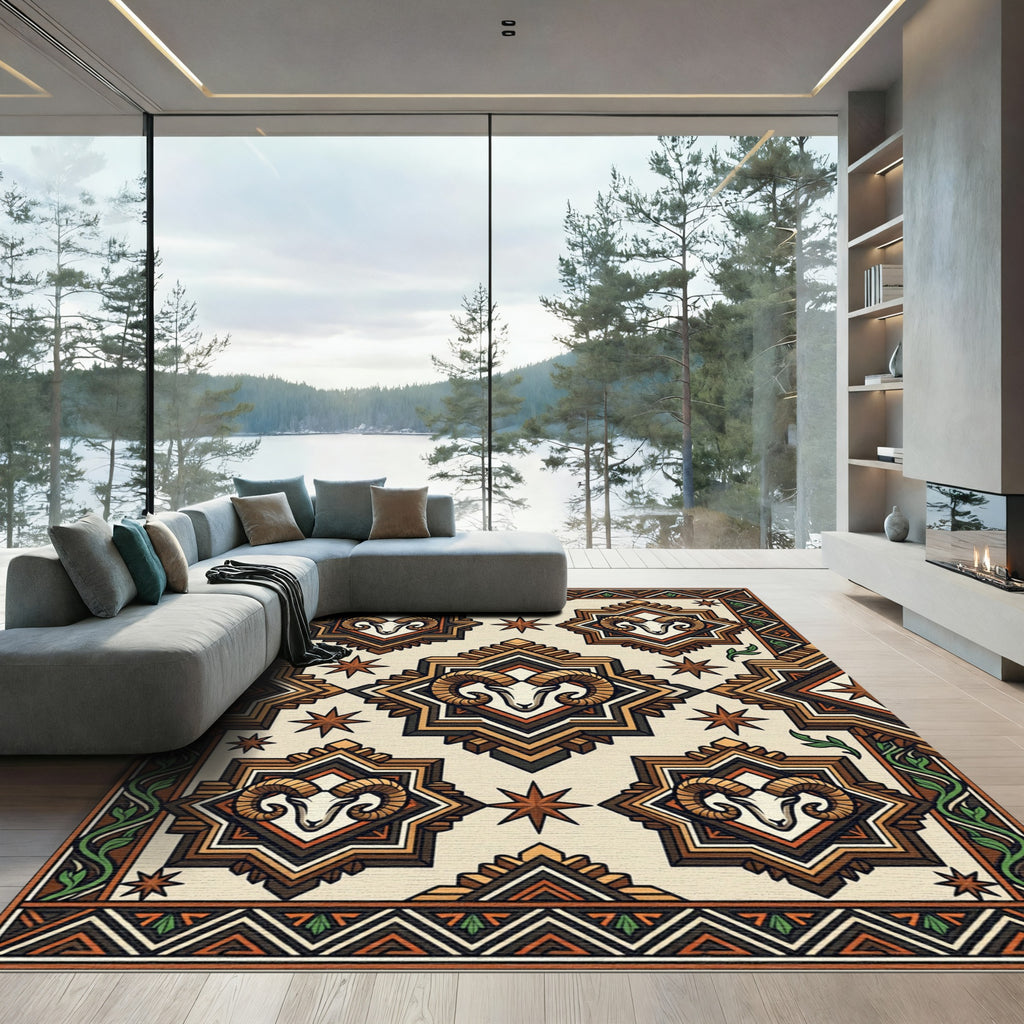 Geometric Ram Star Earthy Tone Tapestry Rug