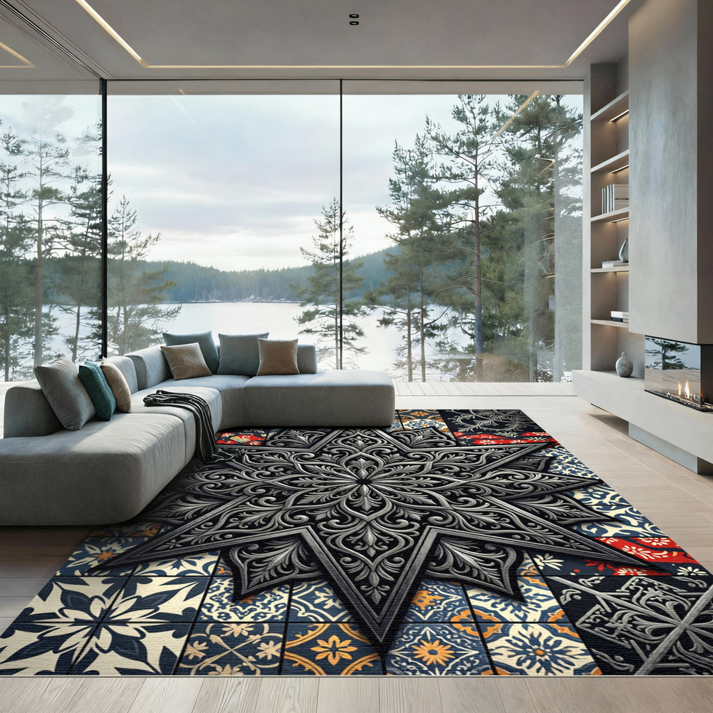 Ornate Silver Star and Floral Tile Rug