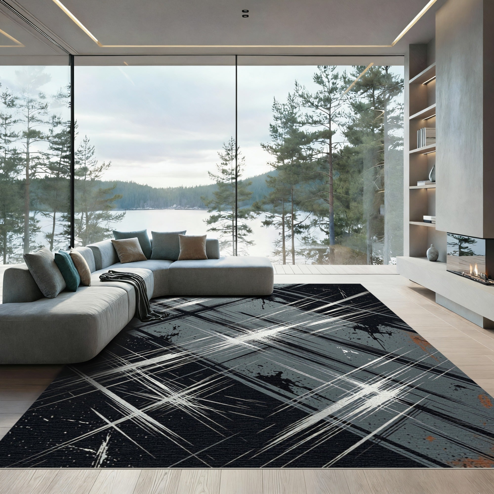 Modern Charcoal Abstract Crosshatch Art Rug