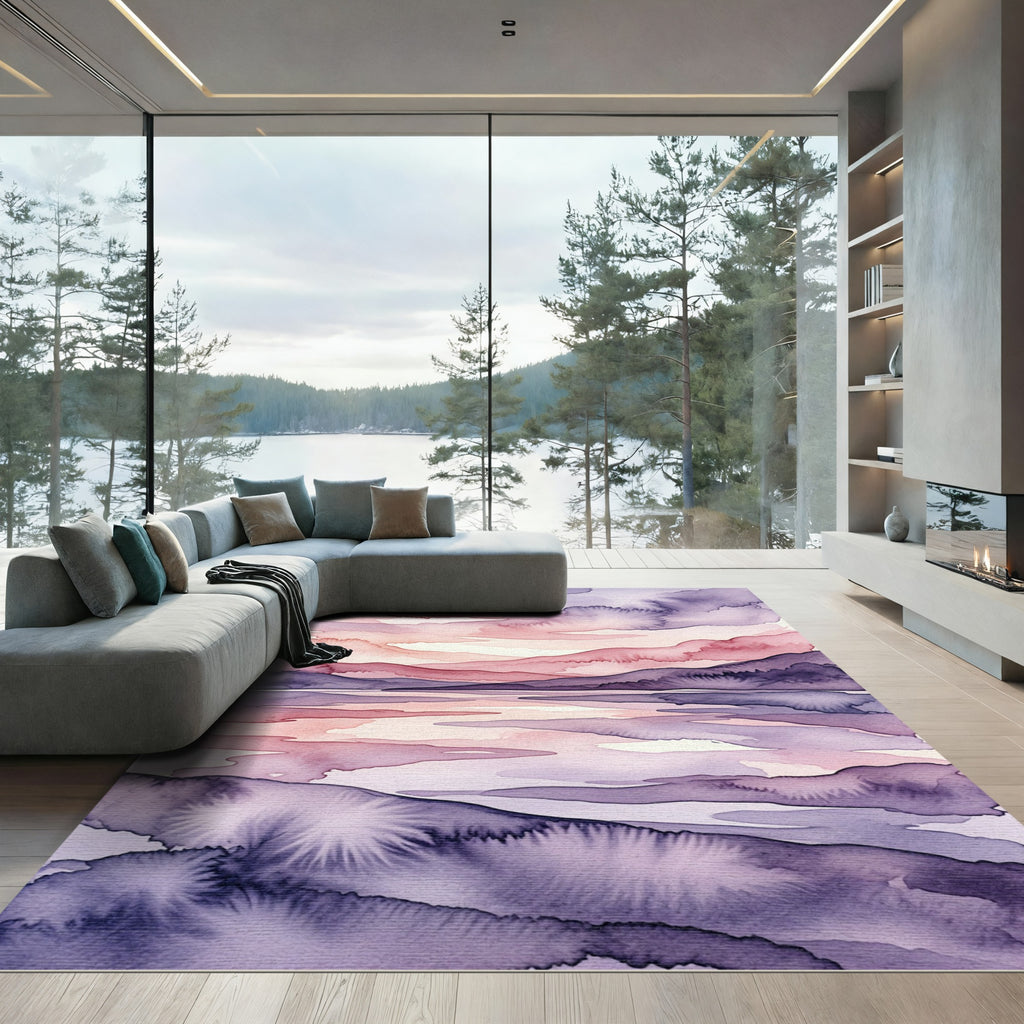 Ethereal Watercolor Mountain Sunset Landscape Rug