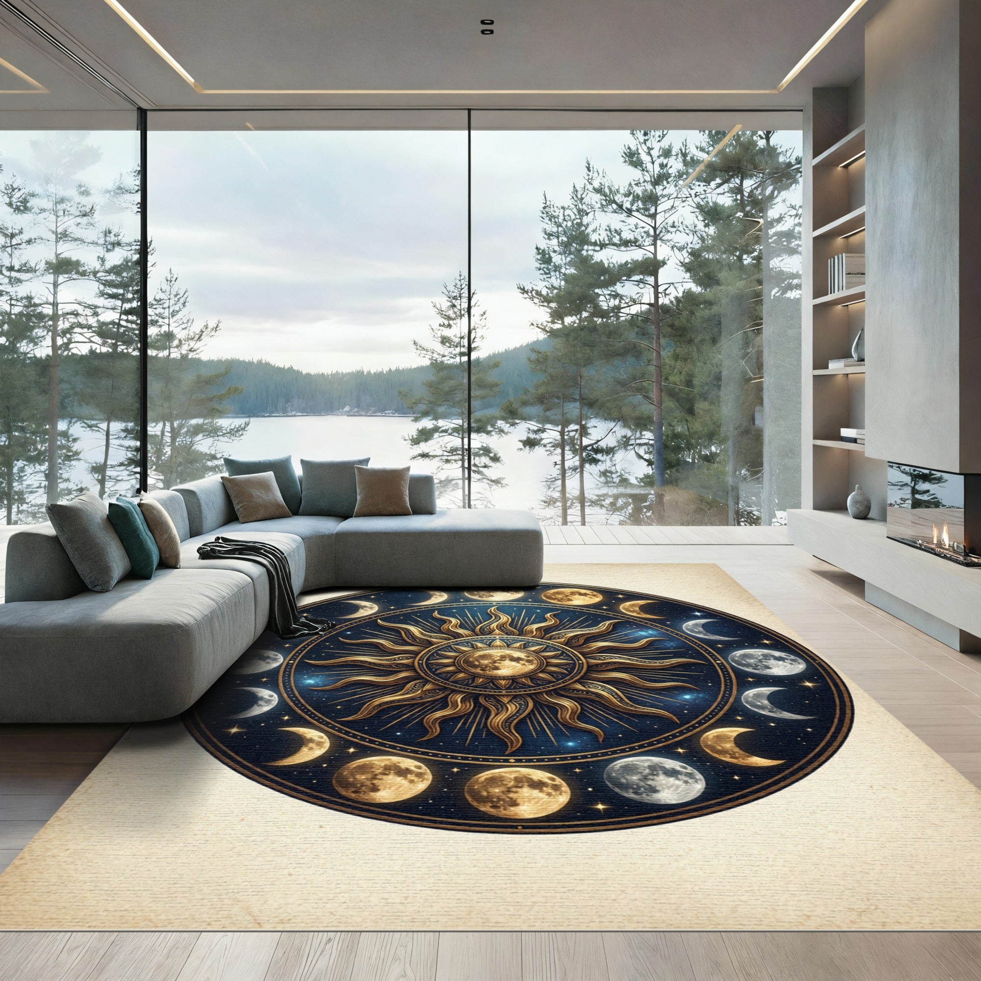 Celestial Gold Sun and Moon Mandala Rug