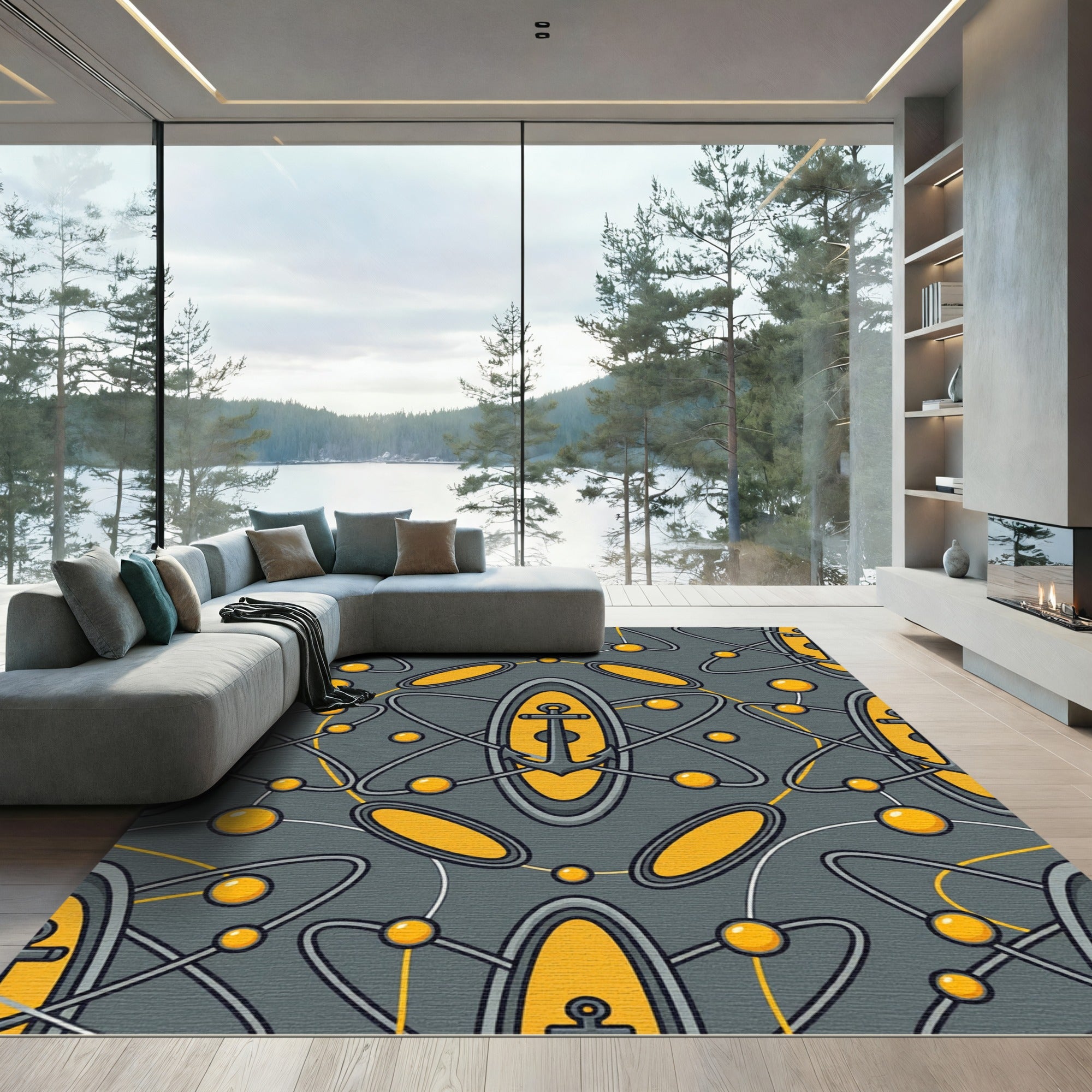 Gray Yellow Atomic Anchor Medallion Rug