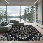 Elegant Black Gold Floral Mandala Art Rug