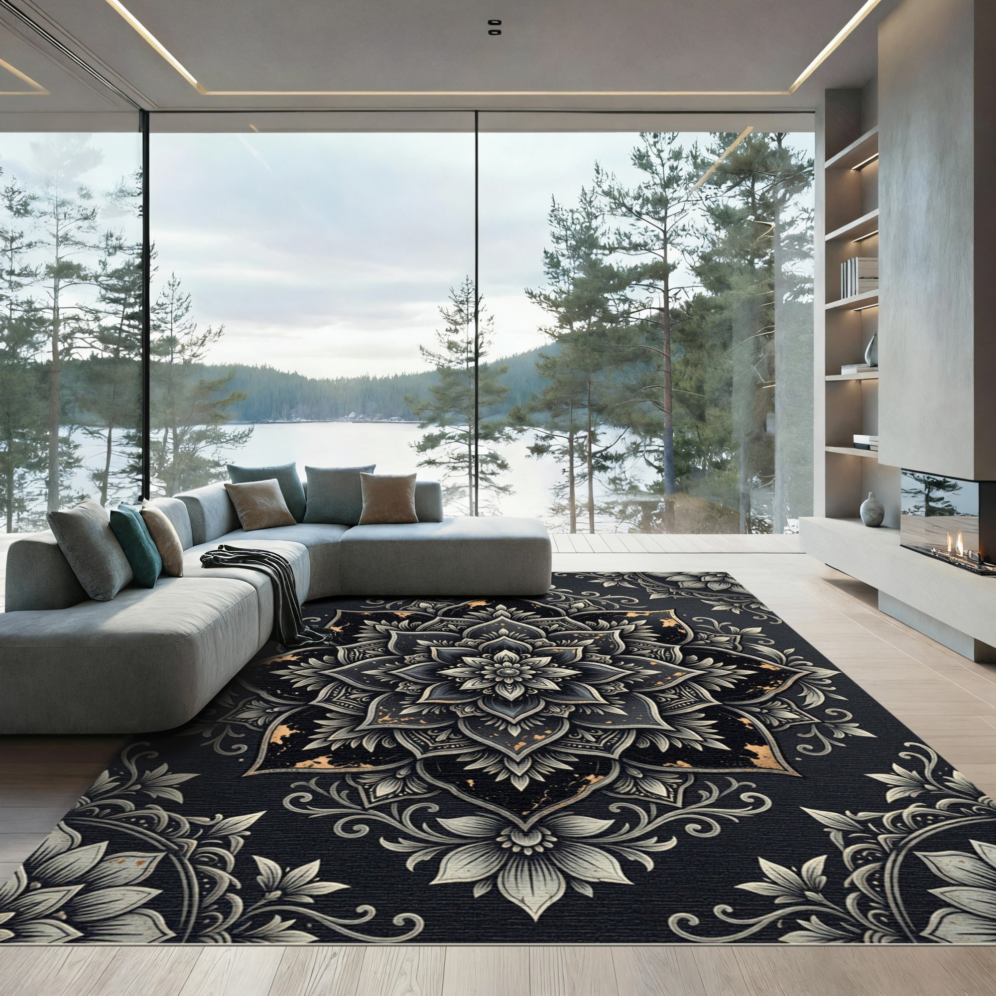 Elegant Black Gold Floral Mandala Art Rug
