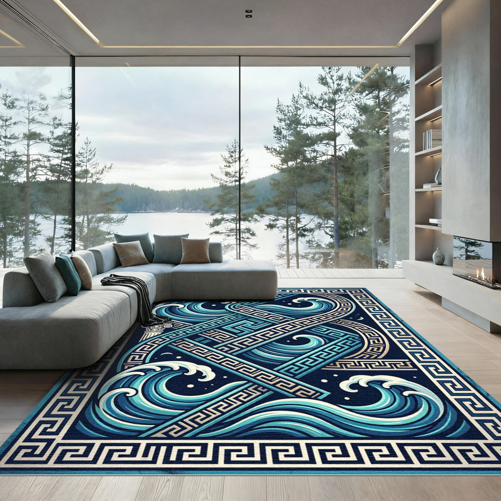 Geometric Aegean Wave Greek Key Art Rug
