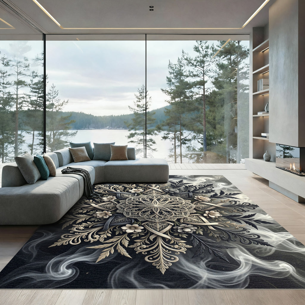 Monochrome Floral Filigree Mandala Rug