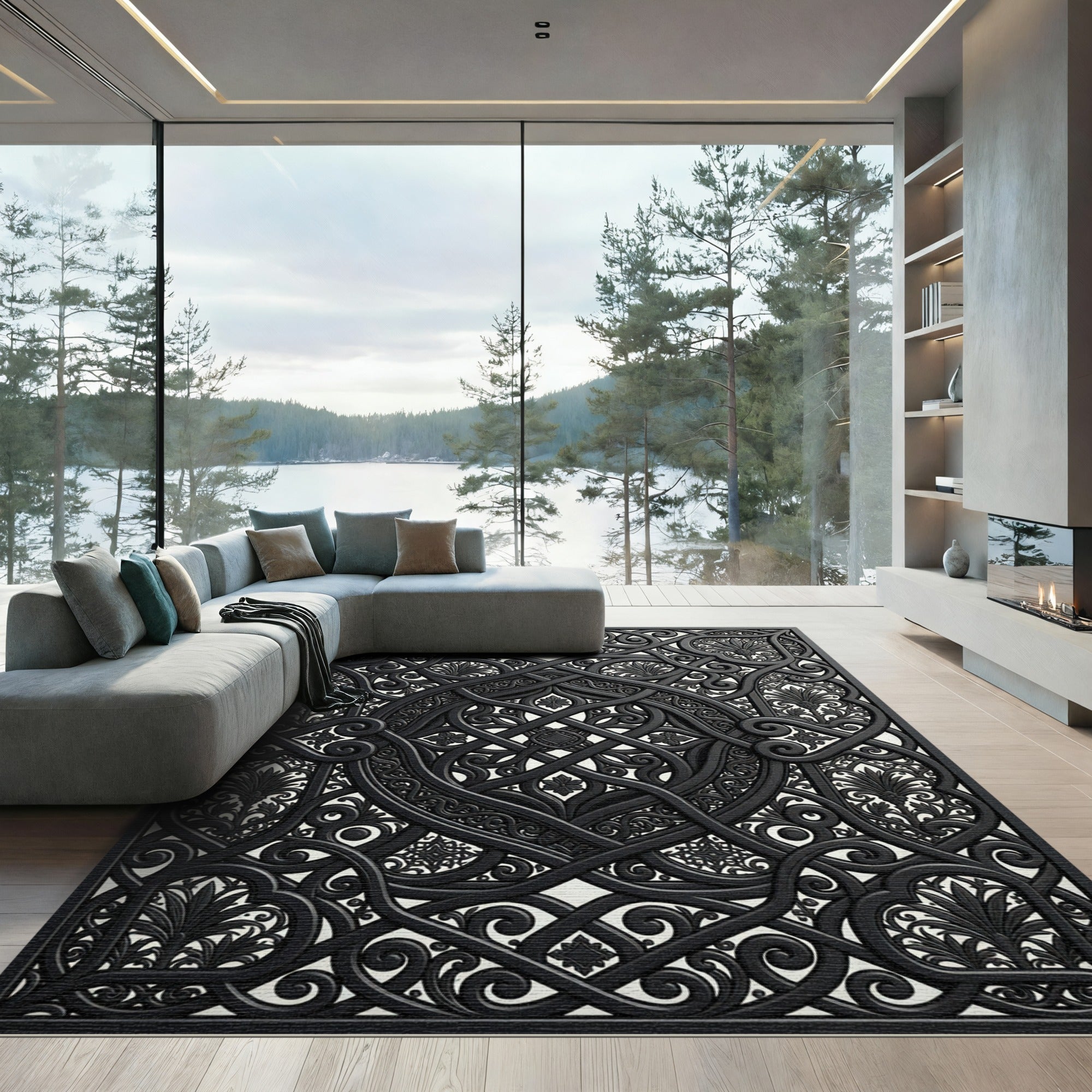 Ornate Black Ironwork Scroll Filigree Rug