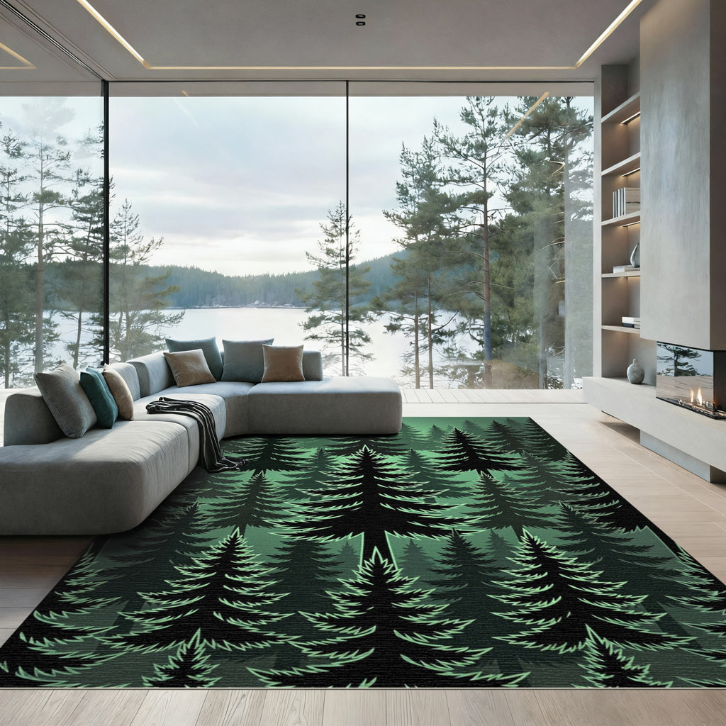 Dark Green Forest Evergreen Trees Rug