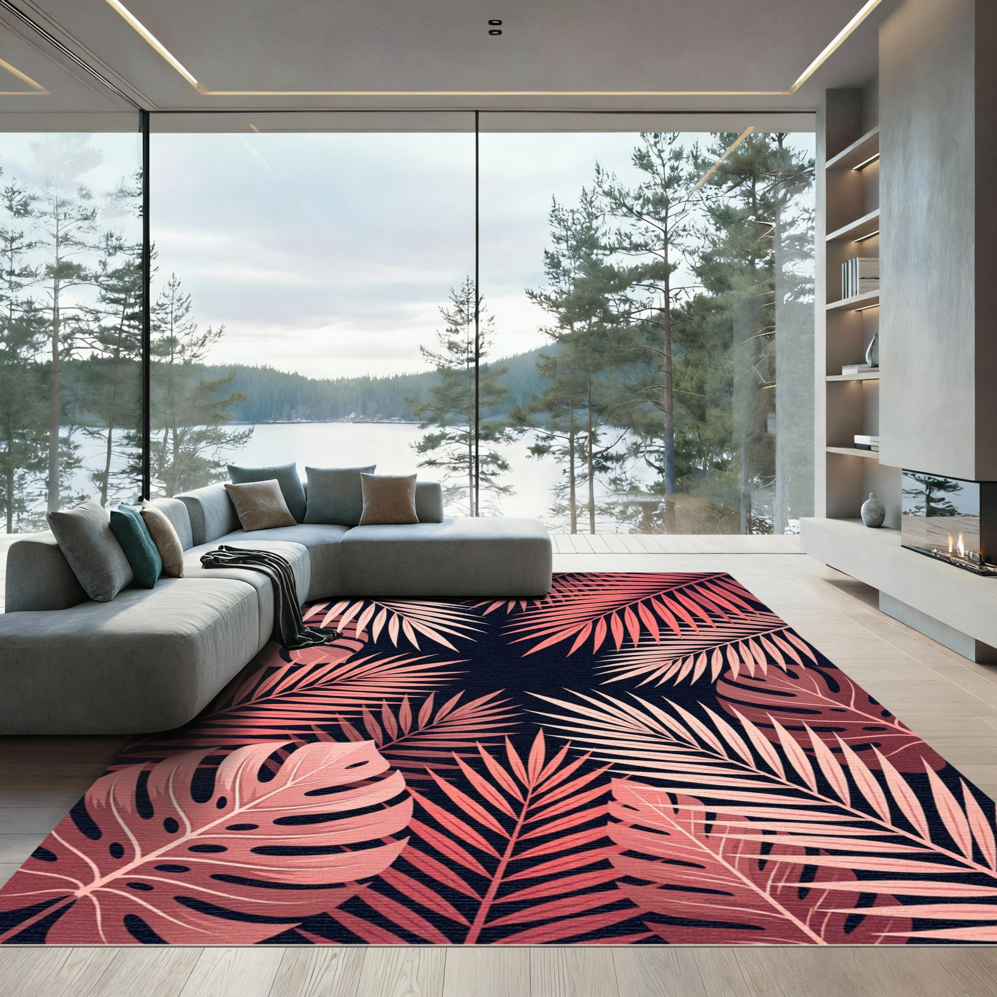 Coral Tropical Leaf Arrangement Rug