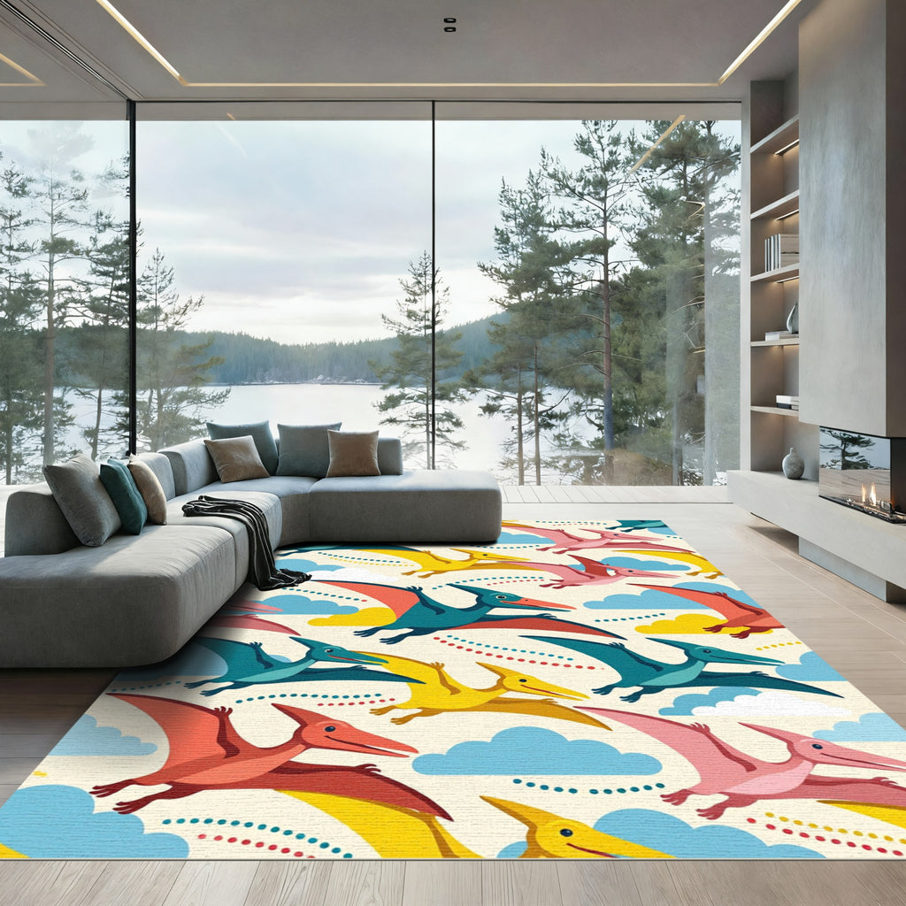 Playful Colorful Pterodactyl Dinosaur Flock Rug