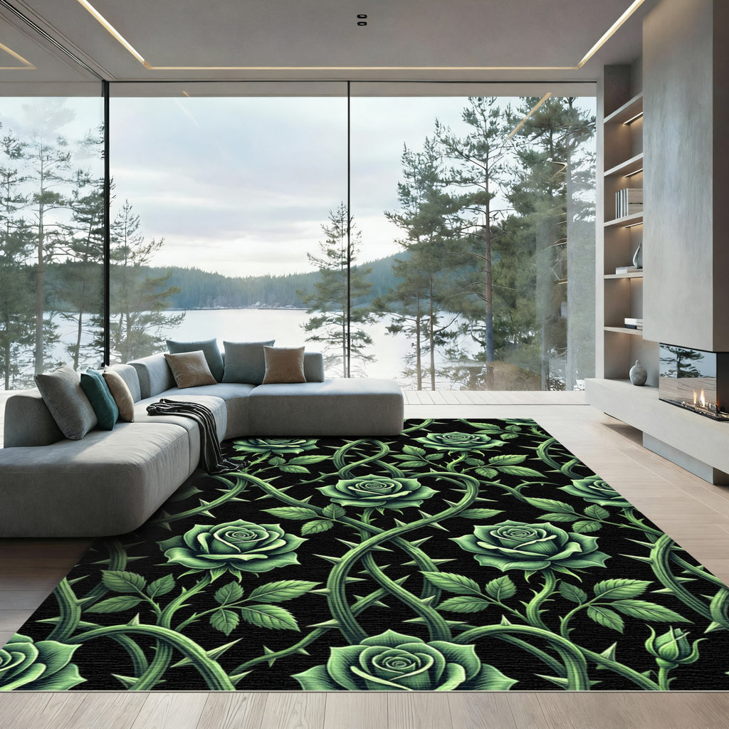 Gothic Emerald Rose Vine Weave Rug