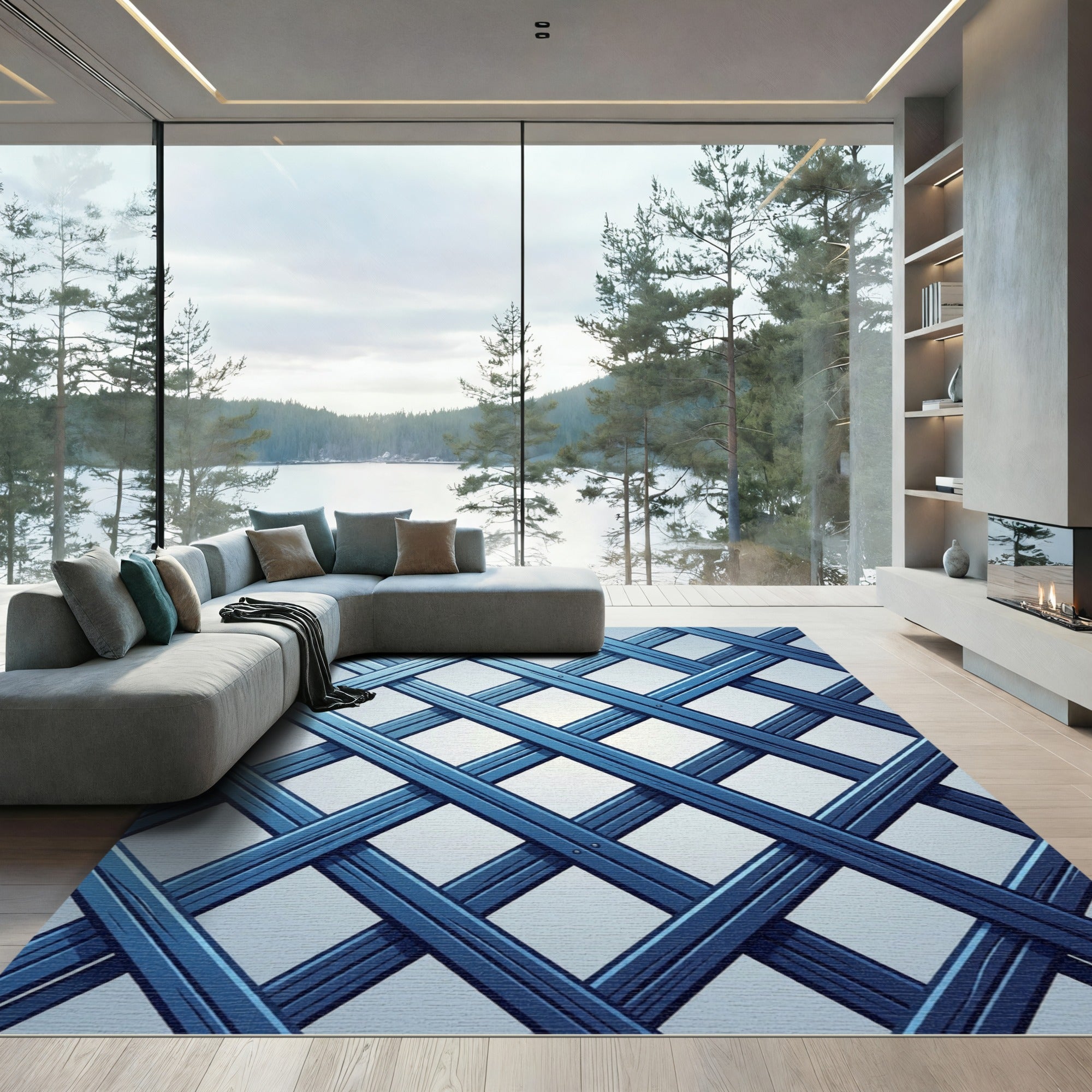Geometric Navy Blue Lattice Grid Rug