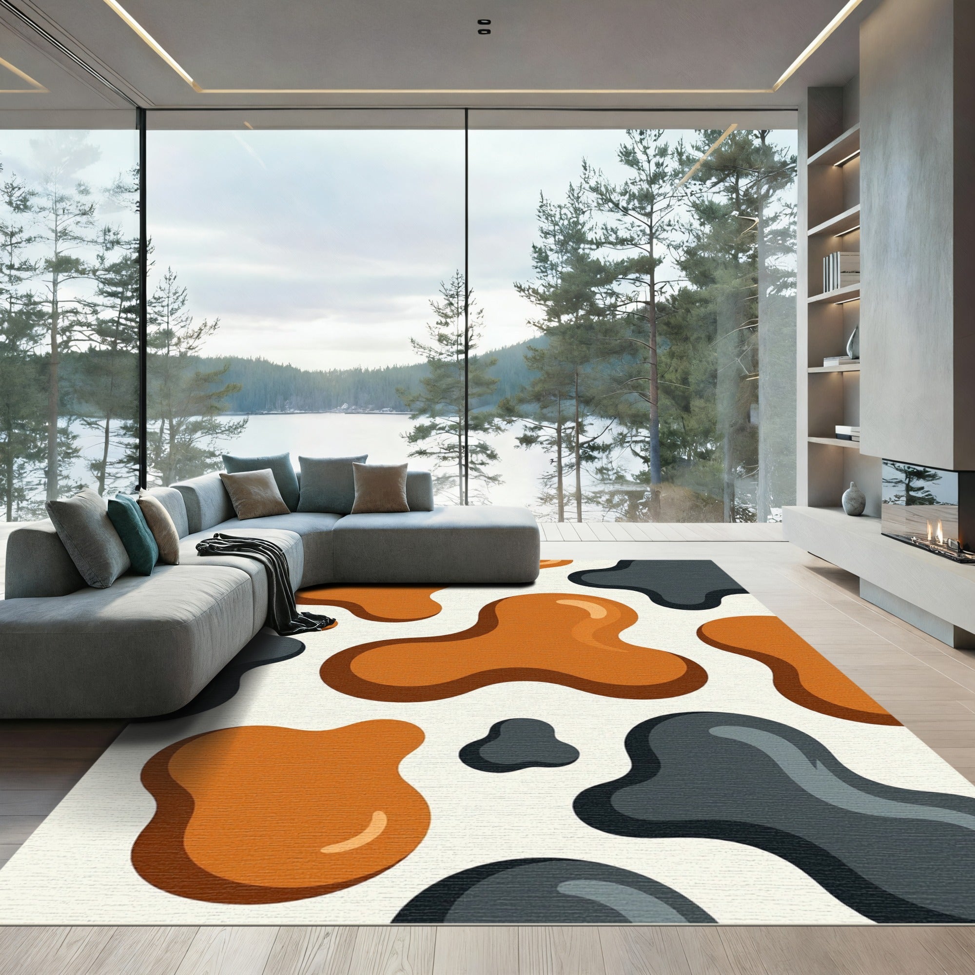 Modern Abstract Amber and Charcoal Blob Rug